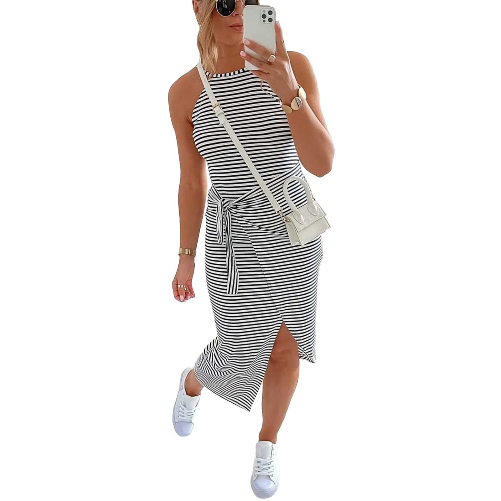FOMOYUU Women's Casual Sleeveless Striped Tank Midi Dress - Halter Neck Ruched Bodycon Summer Dress with Tie Waist | Perfect for Beach, Vacation & Summer Outfits