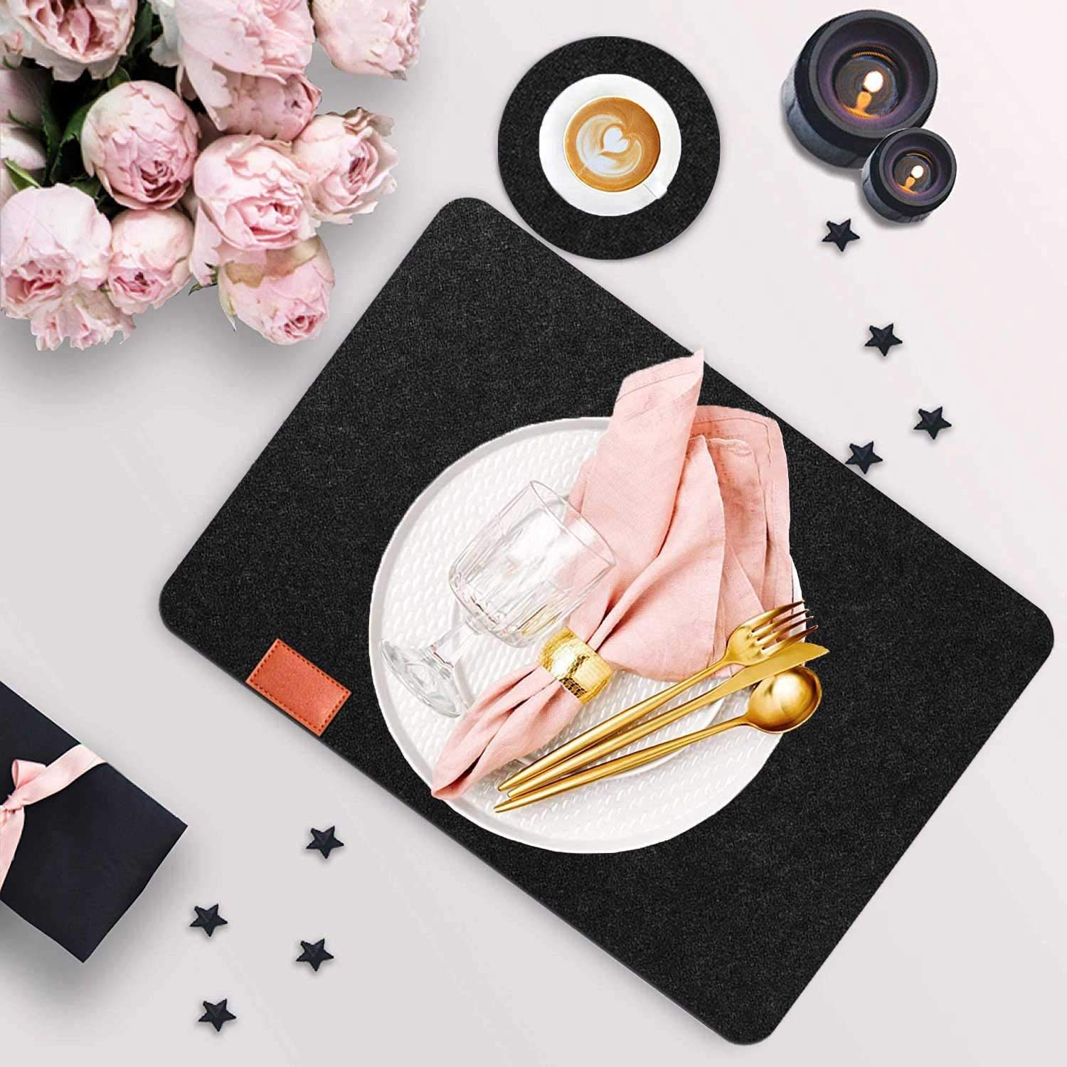 6-Pack Heat-Resistant Washable Felt Placemats for Kitchen Table with Drink Coasters & Cutlery Pouch - 18-Piece Dining Table Set - Perfect for Family Meals, Dinner Parties & Holiday Gatherings