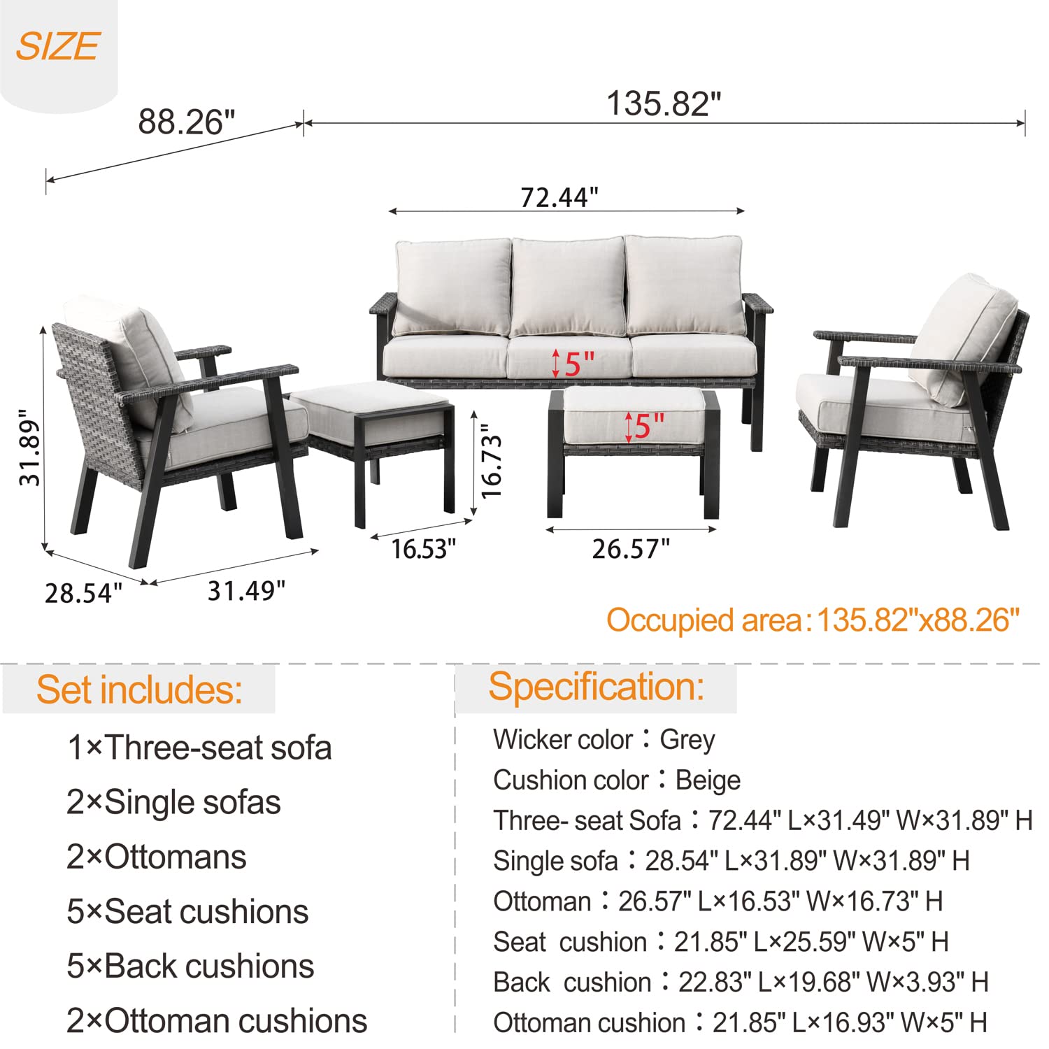 Ovios 5-Piece Outdoor Patio Furniture Set - All-Weather Wicker Rattan Sofa with Ottomans & High Back Design, Beige Cushioned Conversation Set for Backyard, Garden or Poolside Relaxation