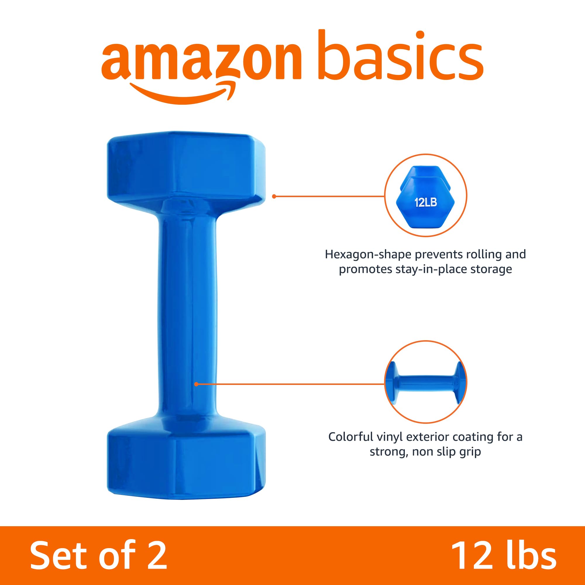 Amazon Basics Vinyl Coated Dumbbell Hand Weights - 5-50 lbs Set for Home Gym, Strength Training & Fitness Workouts | Non-Slip Grip, Durable Design for Men & Women | Perfect for Weight Lifting, CrossFit & Home Exercise