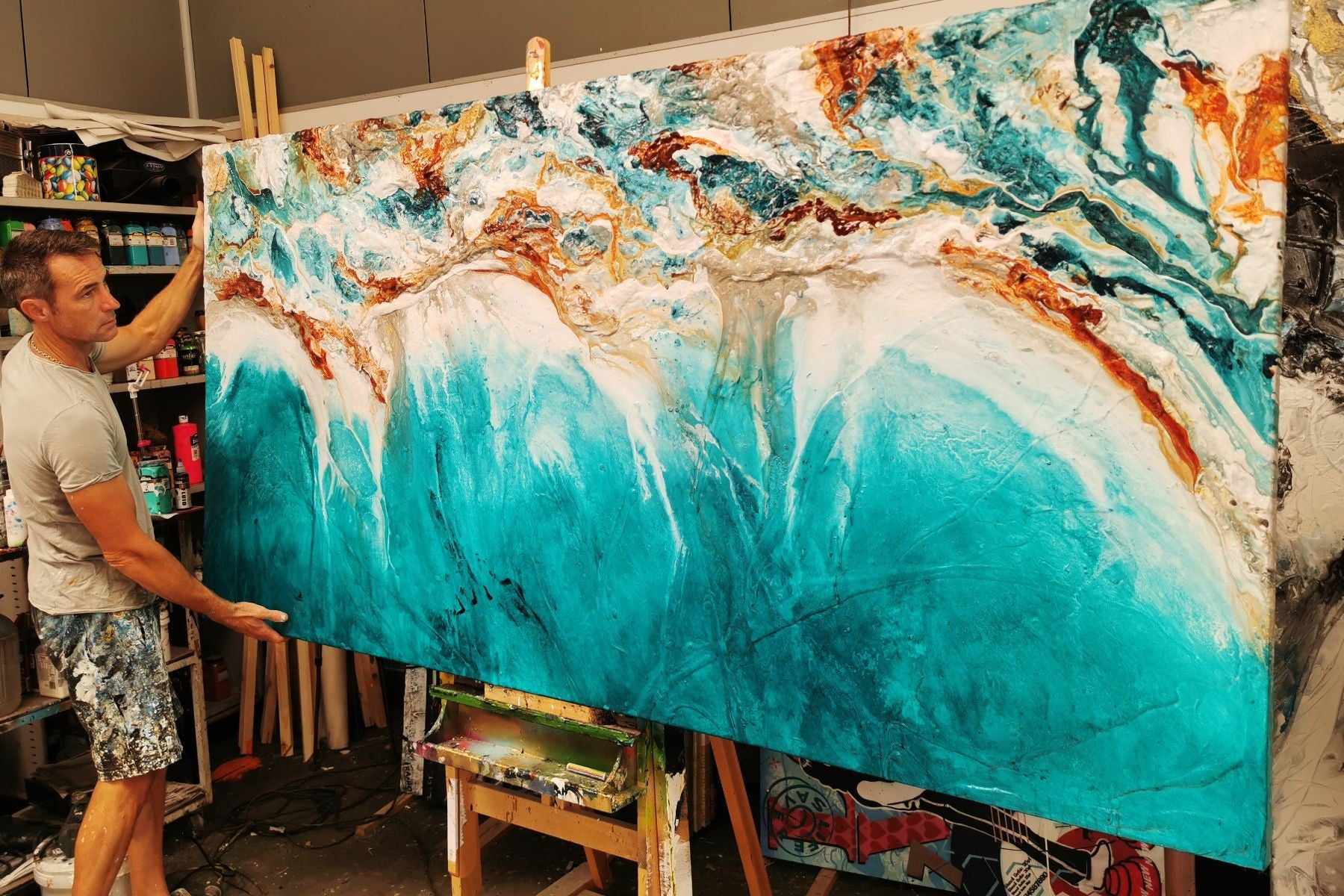240cm x 120cm Turquoise Rust White Abstract Ocean Wave Textured Canvas Wall Art - Modern Coastal Decor for Living Room, Bedroom & Office