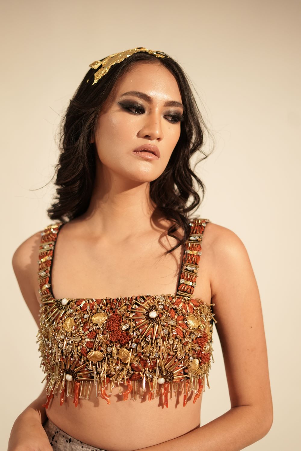 Luxury Black Crop Top with Coral & Gold Embellishments - Women's Fashion Blouse for Party, Dinner & Special Occasions