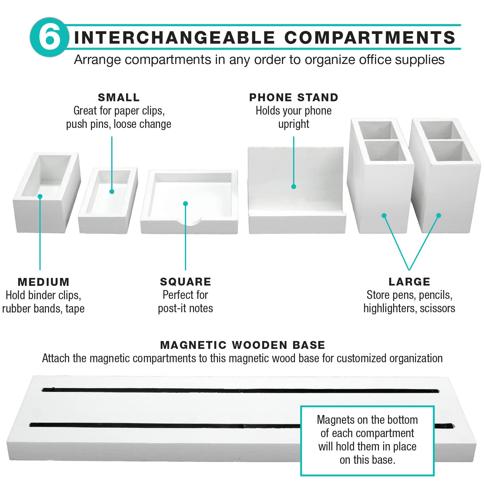 Magnetic Desk Organizer with 6 Removable Compartments - Perfect for Organizing Pens, Pencils, Post-It Notes, Paper Clips, Office Supplies & Smartphones | White | Ideal for Home Office, Study Desk & Workspace Organization