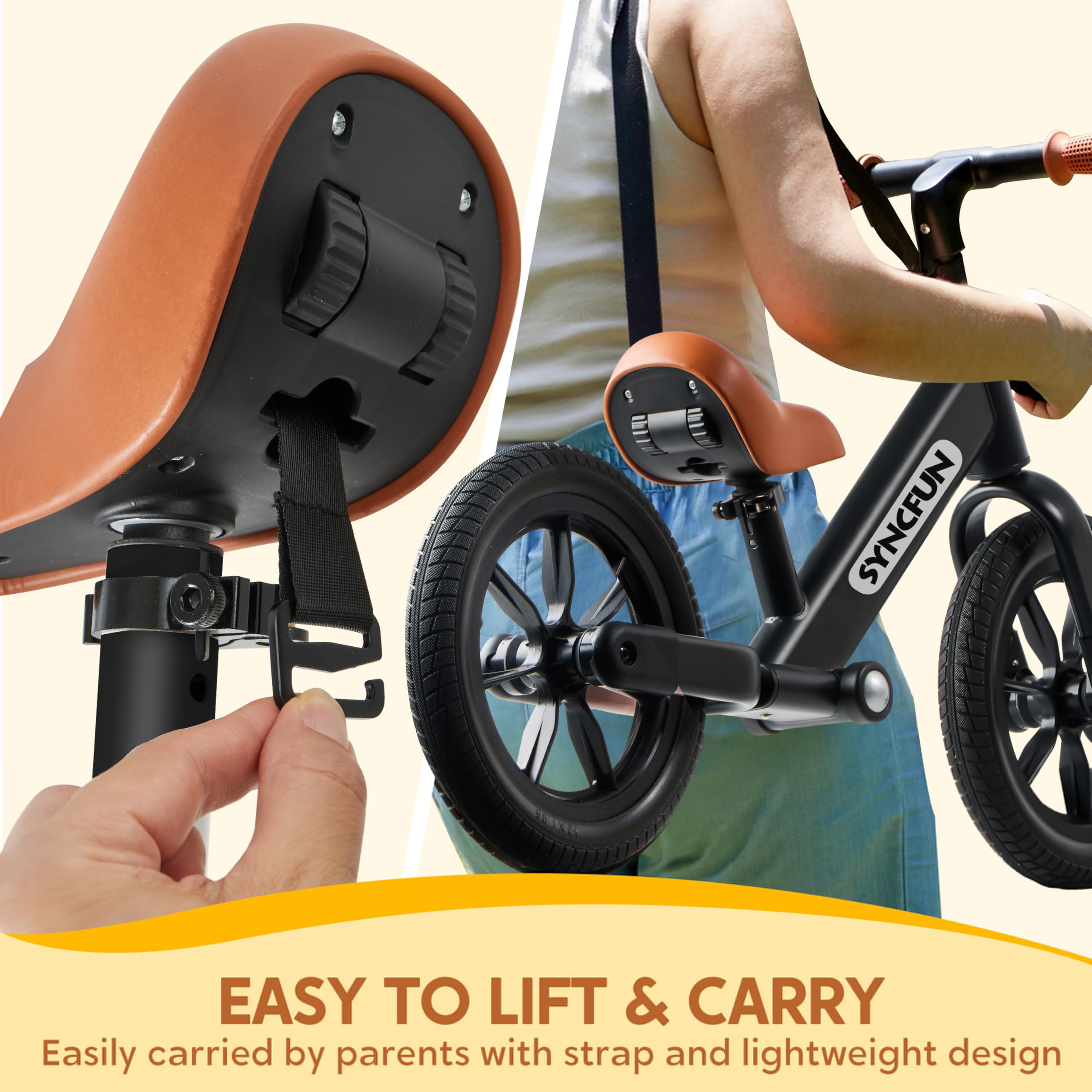 SYNCFUN 12'' Toddler Balance Bike for Kids 2-5 Years Old - Adjustable Seat & Carry Handle, Anti-Skid Tires - Perfect First Bike for Boys & Girls - Ideal for Outdoor Play, Learning to Ride & Birthday Gifts (Black)