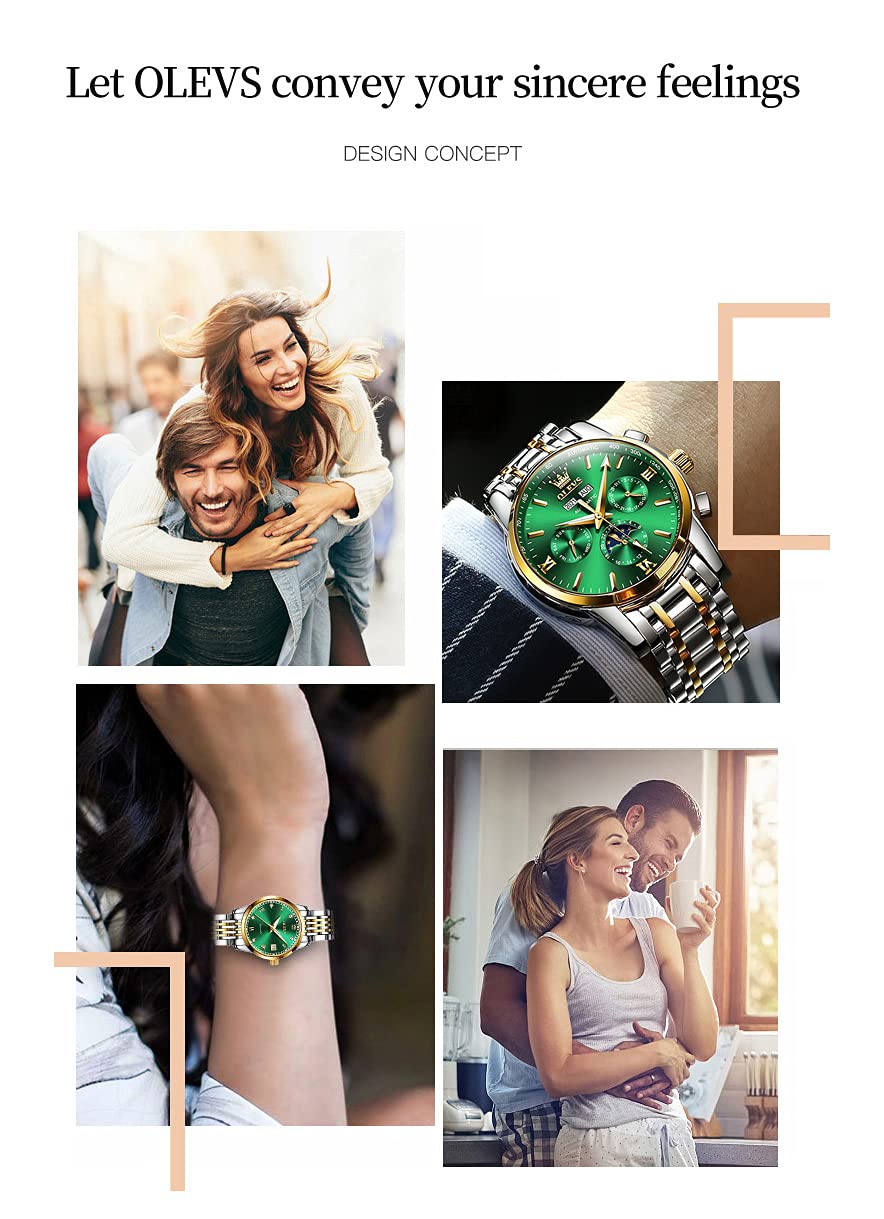 OLEVS Automatic Couple Watches for Men and Women - His and Hers Matching Mechanical Self-Winding Tourbillon Dress Watches with Day Date Calendar, Big Face, Two Tone - Perfect Anniversary Gift for Couples, Wedding Present, Romantic Gift Idea