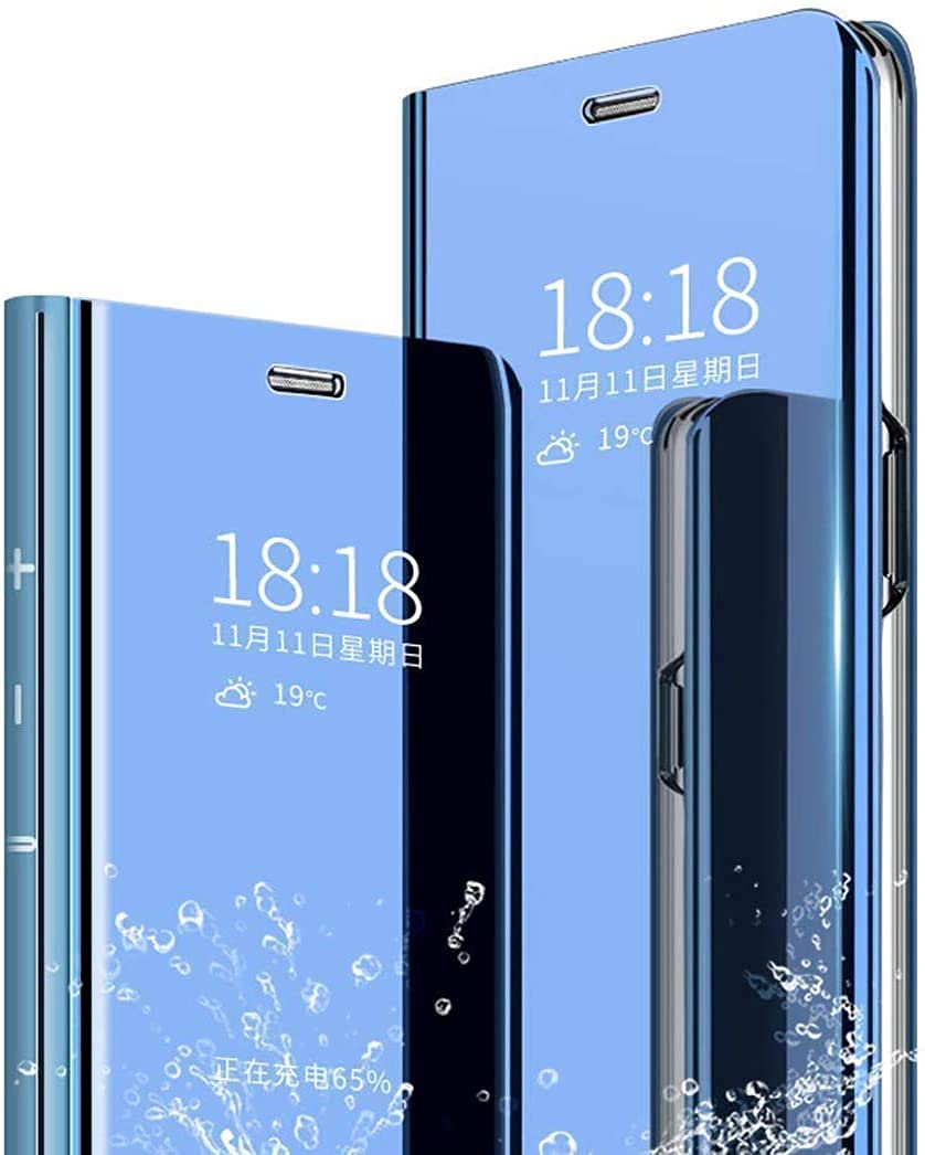 Luxury Mirror Design Clear View Smart Window Flip Phone Case for Samsung Galaxy A40 - Wireless Charging Compatible Makeup Mirror Cover with Screen Display (Blue) - Perfect for Makeup Touch-ups, Selfies & Everyday Protection