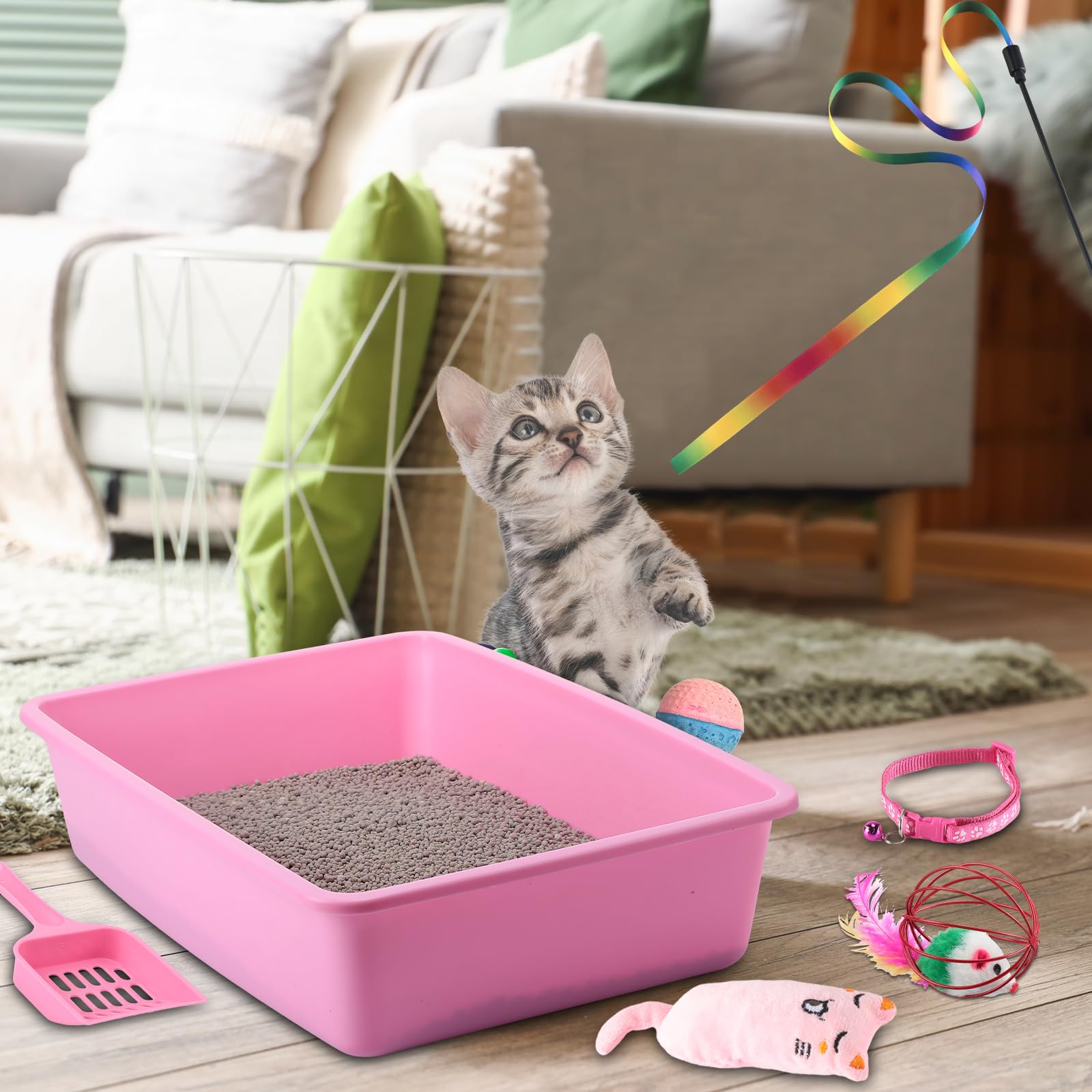 7-Piece Small Cat Kitten Starter Kit - Litter Box with Scoop, Paw Mat, Automatic Bowls, Toy Teaser Stick & Collar - Essential Supplies for 1-3 Lbs Kittens (Pink) - Perfect for New Cat Owners & Small Breed Kittens