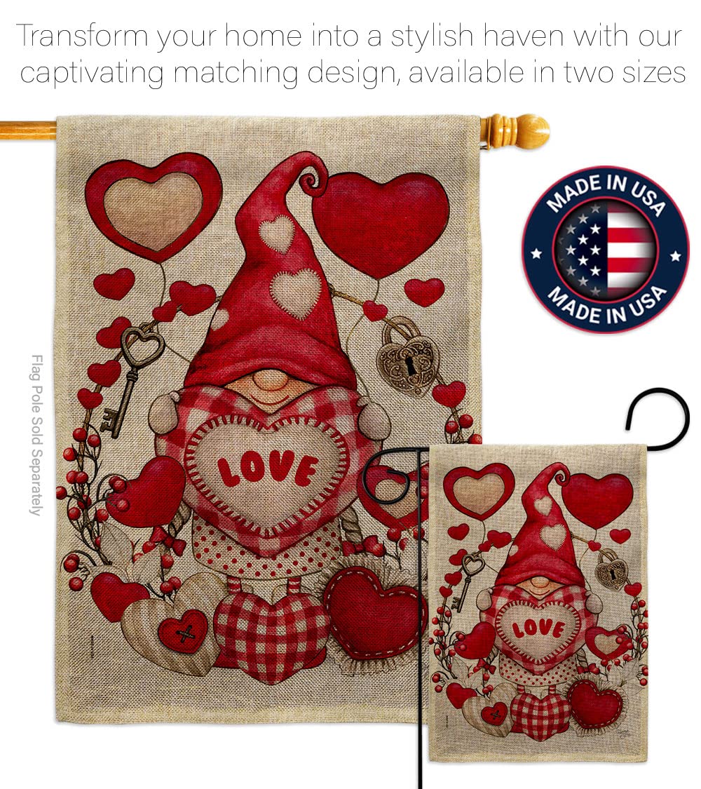 My Valentine Gnome Garden Burlap House Flag Set - Springtime Romantic Couple Decor with Happy Hearts, Double-Sided Outdoor Yard Banner for February Holiday - Made in USA | Perfect for Valentine's Day, Garden Decor, and Front Porch Displays