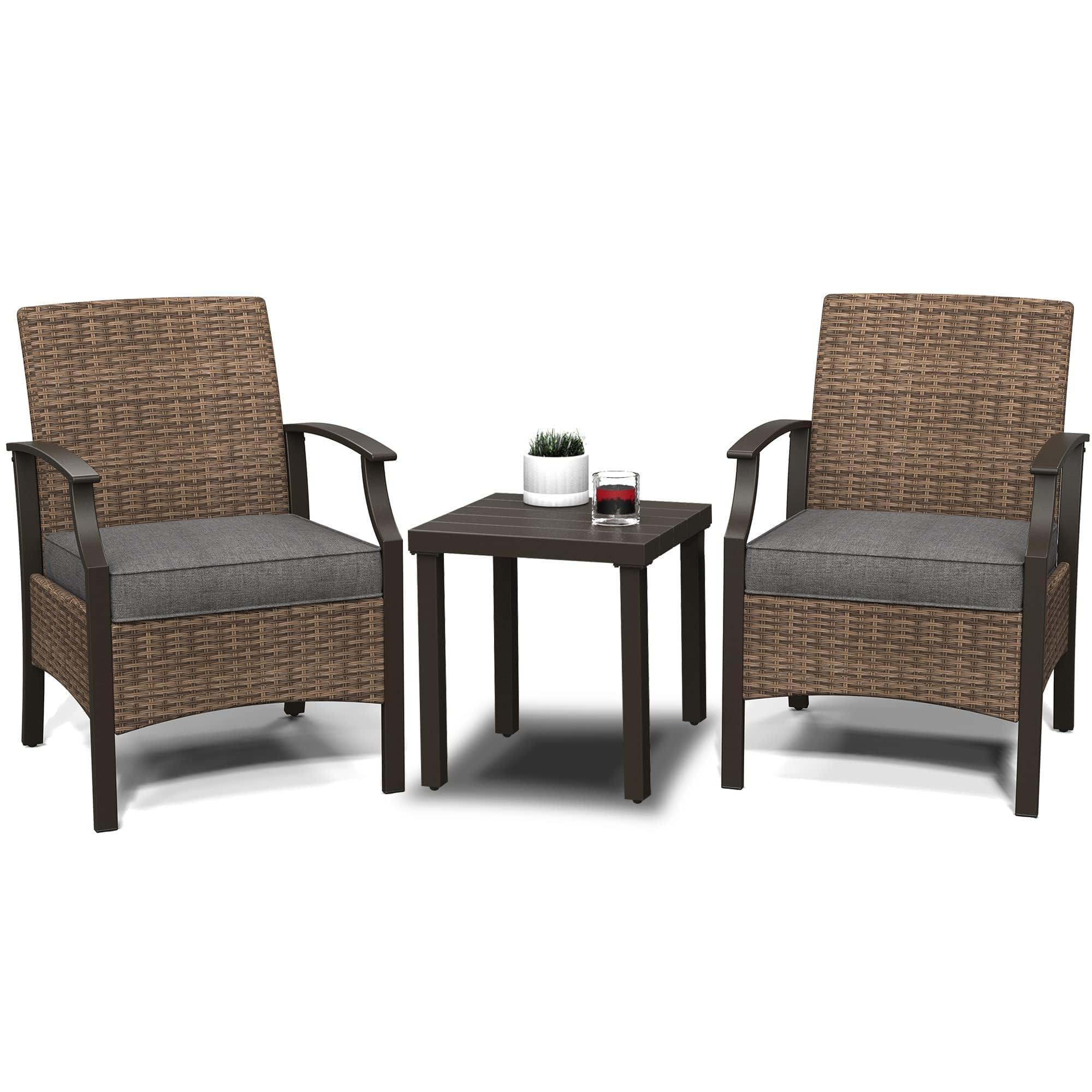 3-Piece Outdoor Patio Furniture Set - Grey Wicker Bistro Table & Chairs for Porch, Balcony, Deck | Durable All-Weather Rattan Dining Set for Small Spaces, Backyard, Garden or Poolside Relaxation