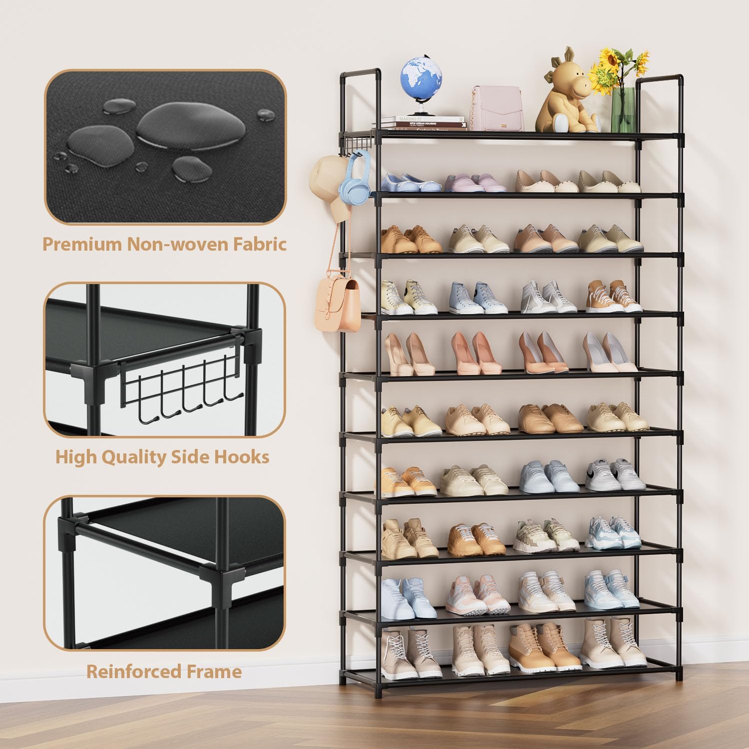 10-Tier Large Shoe Rack Organizer for Closet & Entryway - Holds 40-50 Pairs - Space Saving Shoe Storage Shelf for Garage, Bedroom, Hallway (31.49 x 11.81 x 70.86 Inches) - Perfect for Organizing Sneakers, Boots & Sandals