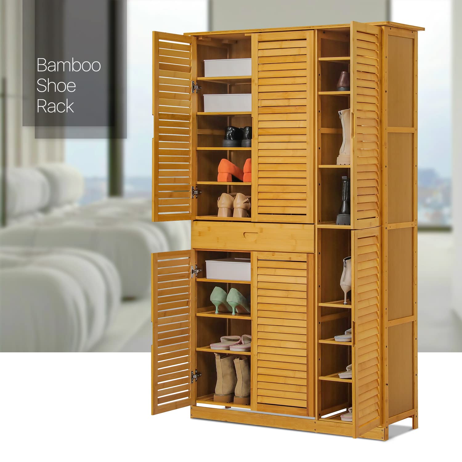 MoNiBloom Large Shoe Storage Cabinet Organizer with Shutter Doors & Drawer - Holds 40+ Pairs of Shoes for Entryway, Hallway, Bedroom & Living Room - Natural Wooden Shoe Rack for Home Organization & Space Saving