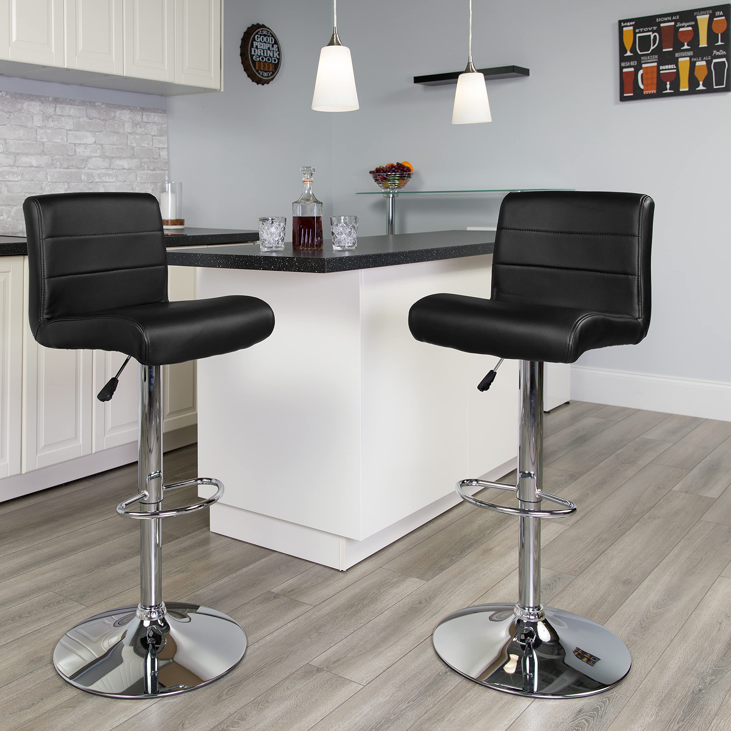 EMMA & OLIVER Adjustable Height Bar Stool with Rolled Vinyl Seat - Modern Kitchen Counter Stool for Dining Room, Bar, or Breakfast Nook