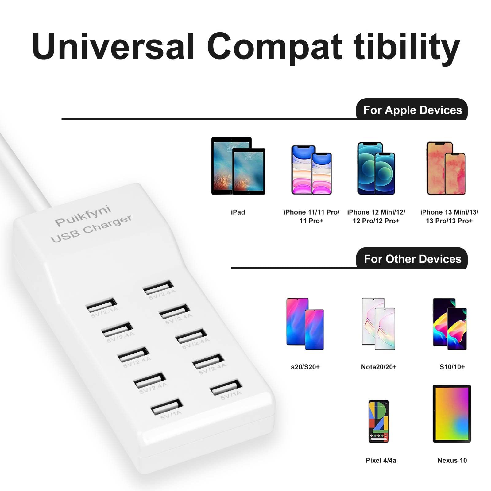 10-Port USB Charger Station - Fast Charging Hub for Multiple Devices - Smart USB Power Strip for Phones, Tablets, Smartwatches & More - White - Perfect for Home, Office & Travel Use