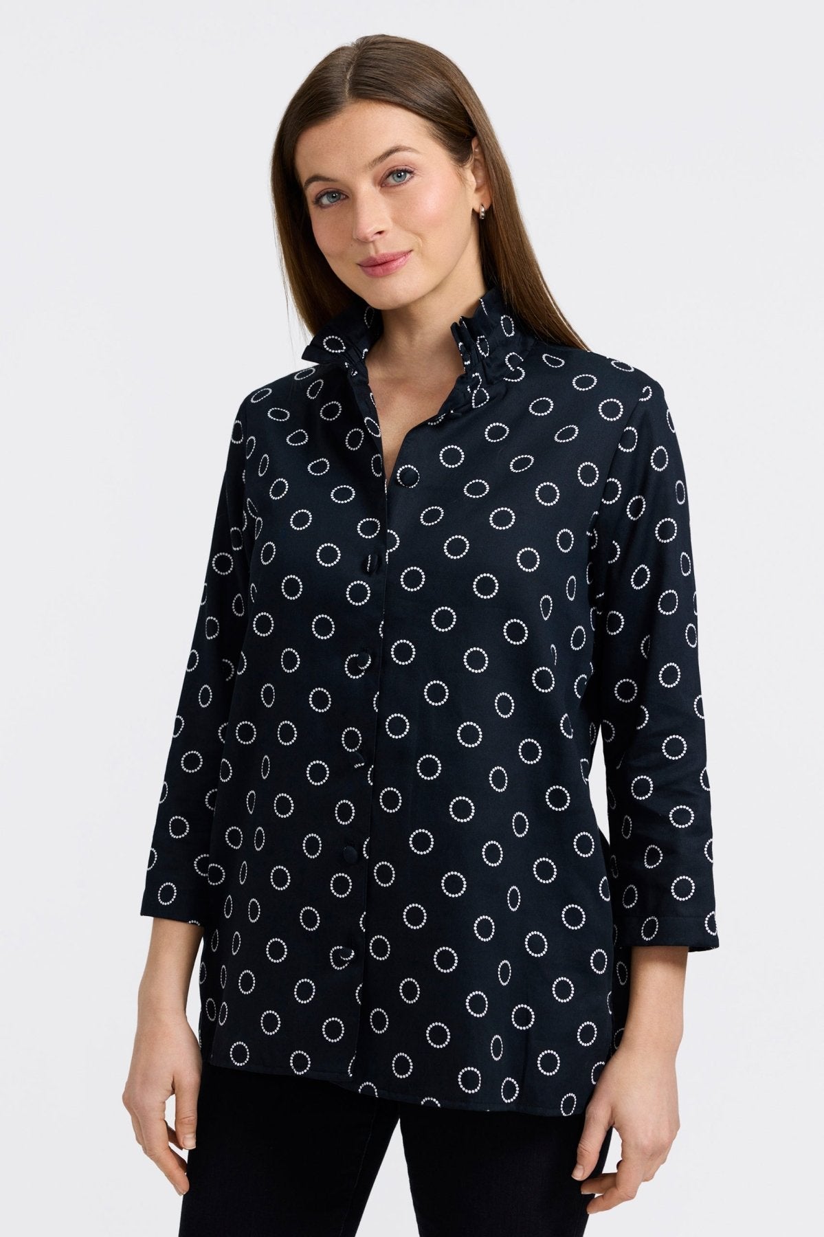 Carolina Circle Dot 3/4 Sleeve Shirt Jacket for Women | Stylish Casual Blazer | Perfect for Office, Date Night & Fall Layering