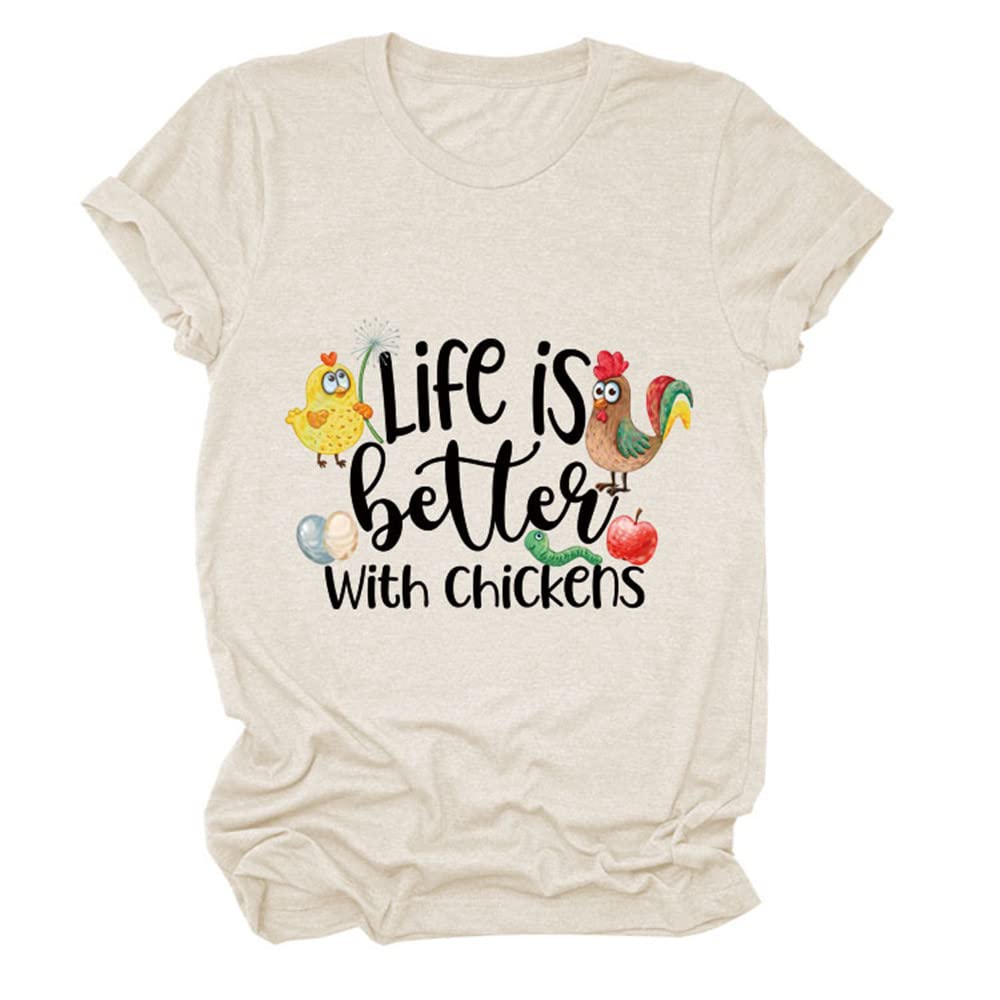 Women's Short Sleeve Chicken Graphic T-Shirt - Cute Farm Animal Tee for Summer | Country Life & Poultry Lover Apparel | Perfect for Farmers Market, Backyard Chicken Keeping, Casual Wear & Outdoor Activities