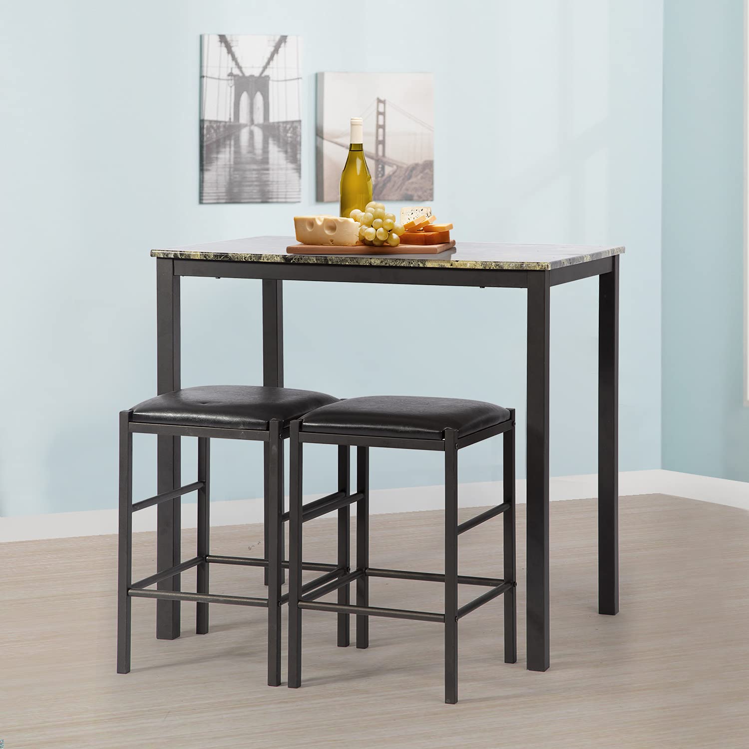 FDW Marble Rectangular Dining Table Set with 2 Chairs - Modern Wood Kitchen Breakfast Table for Small Spaces | Perfect for Apartments, Condos & Cozy Dining Rooms