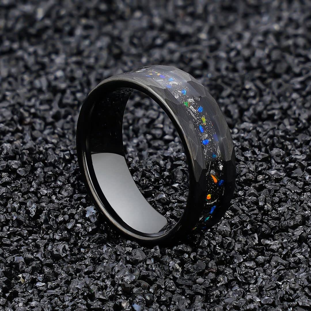 Galaxy Opal & Meteorite Men's Wedding Ring - 8mm Hammered Black Tungsten Band, Comfort Fit for Men - Perfect for Weddings, Anniversaries & Special Occasions