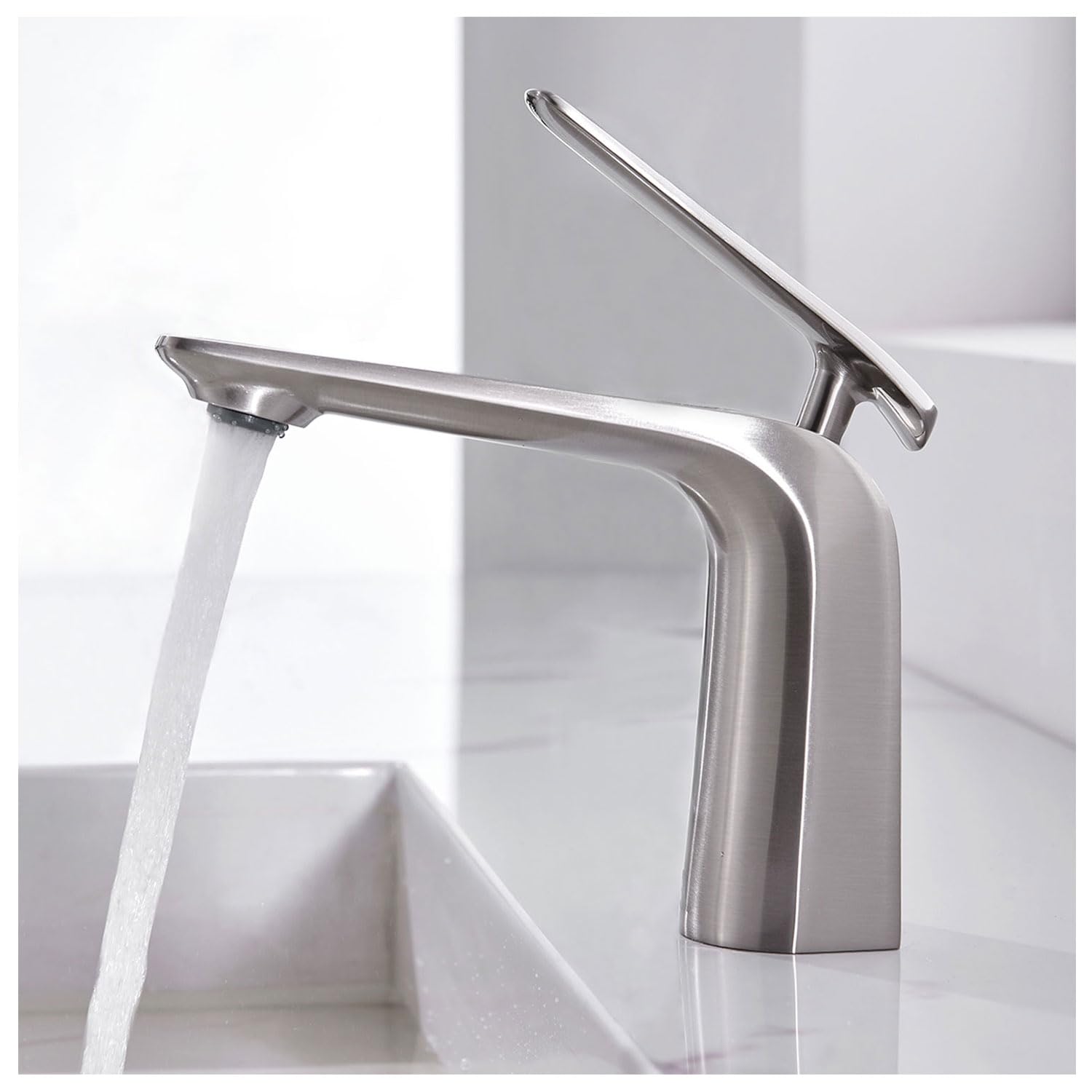 Premium Brushed Nickel Single Handle Bathroom Faucet - 1 Hole Modern Sink Mixer Tap with Brass Construction & Supply Hoses - Perfect for Vanity, Guest Bath & Powder Room Upgrades