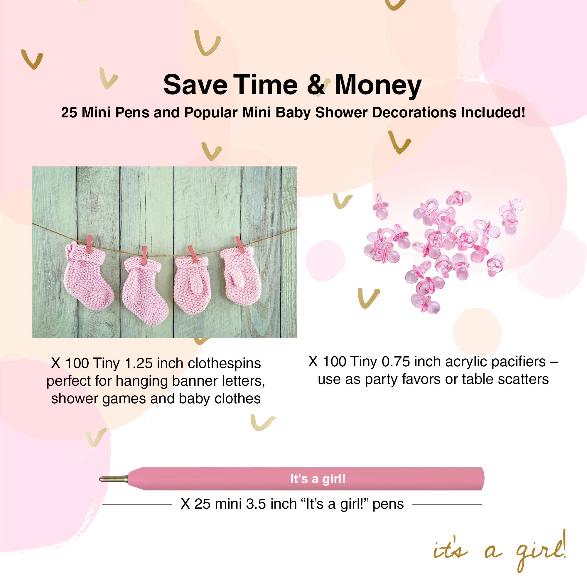 Ultimate Baby Shower Games Set for Girls - 9 Unique Games with 100 Mini Clothespins, 100 Acrylic Pacifiers & 25 Pens - Perfect for Baby Showers, Gender Reveals & Nursery Decor