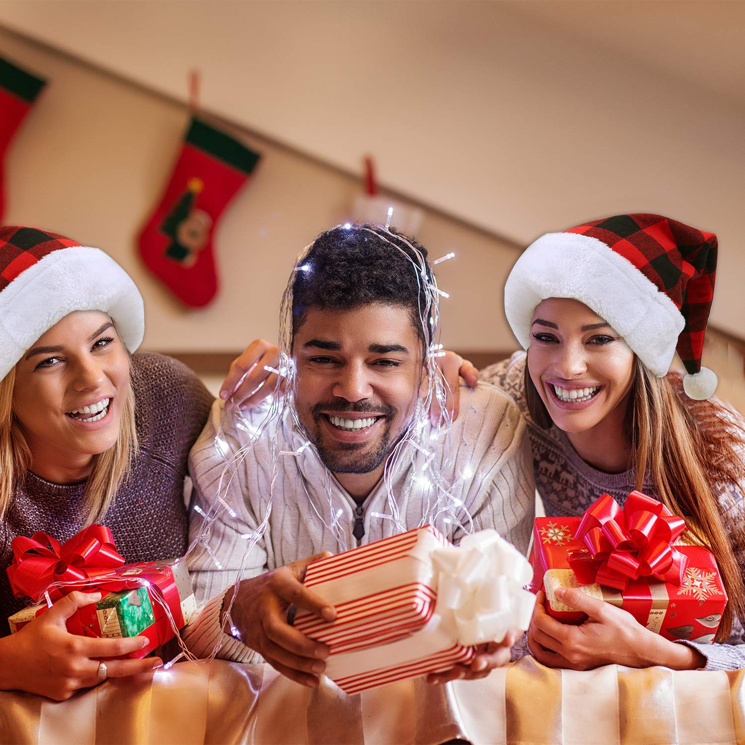 Red and Black Buffalo Plaid Santa Hat with White Cuffs - Soft Plush Christmas Hat for Adults & Kids | Perfect for Holiday Parties, Christmas Photos & Festive Gatherings