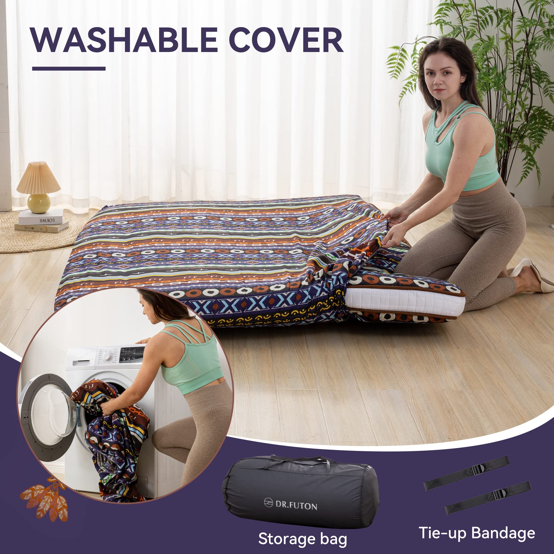 Japanese Floor Futon Mattress - Extra Thick 4 Inch Foldable Roll Up Bed Topper Mat for Guest, Lounger & Travel - Perfect for Small Spaces, Camping & Home Decor