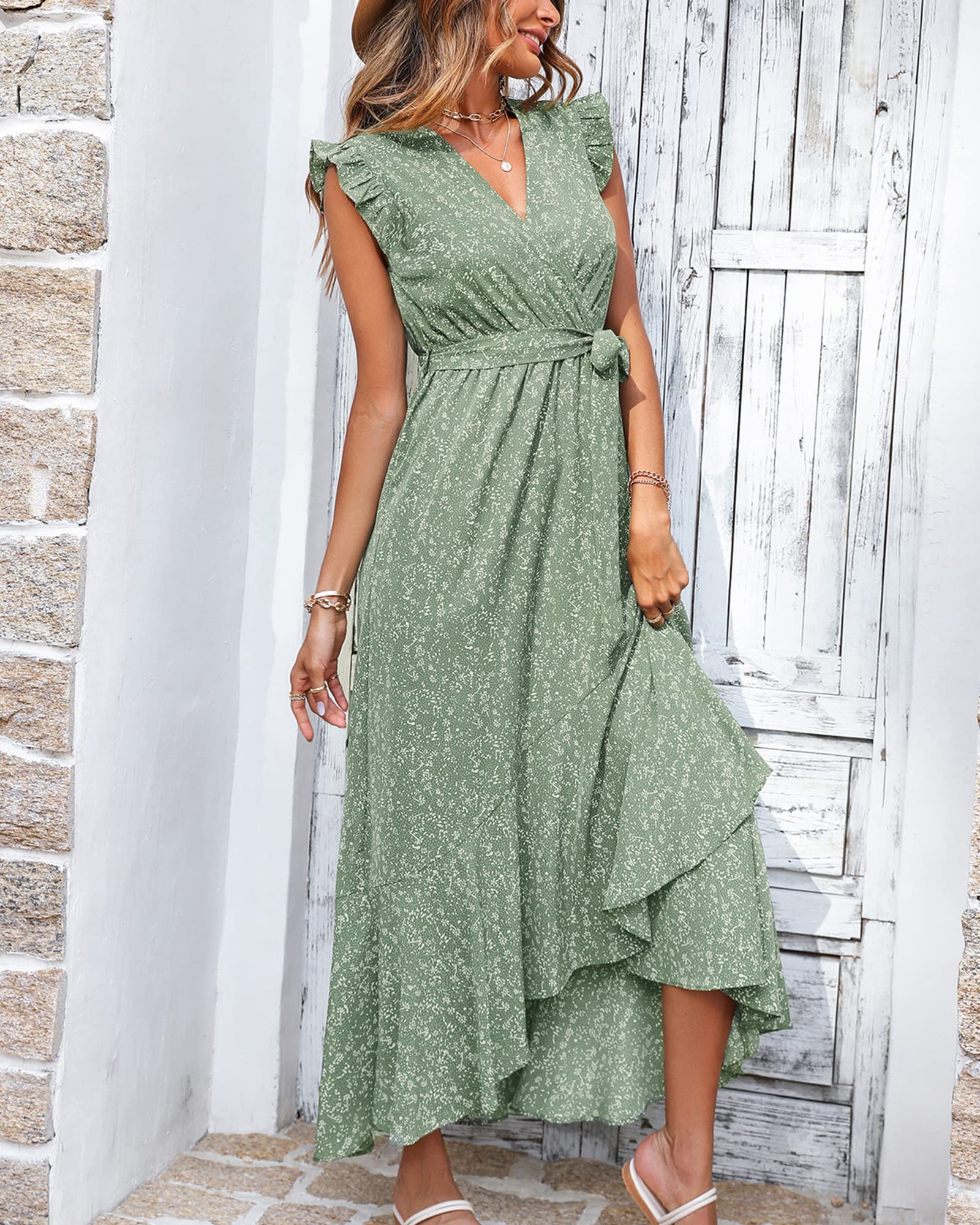 BTFBM Women's Floral Maxi Dress with Ruffle Sleeves & V-Neck - Summer Spring Beach Wedding Guest Dress with Belt Wrap - Perfect for Vacations, Parties & Outdoor Events