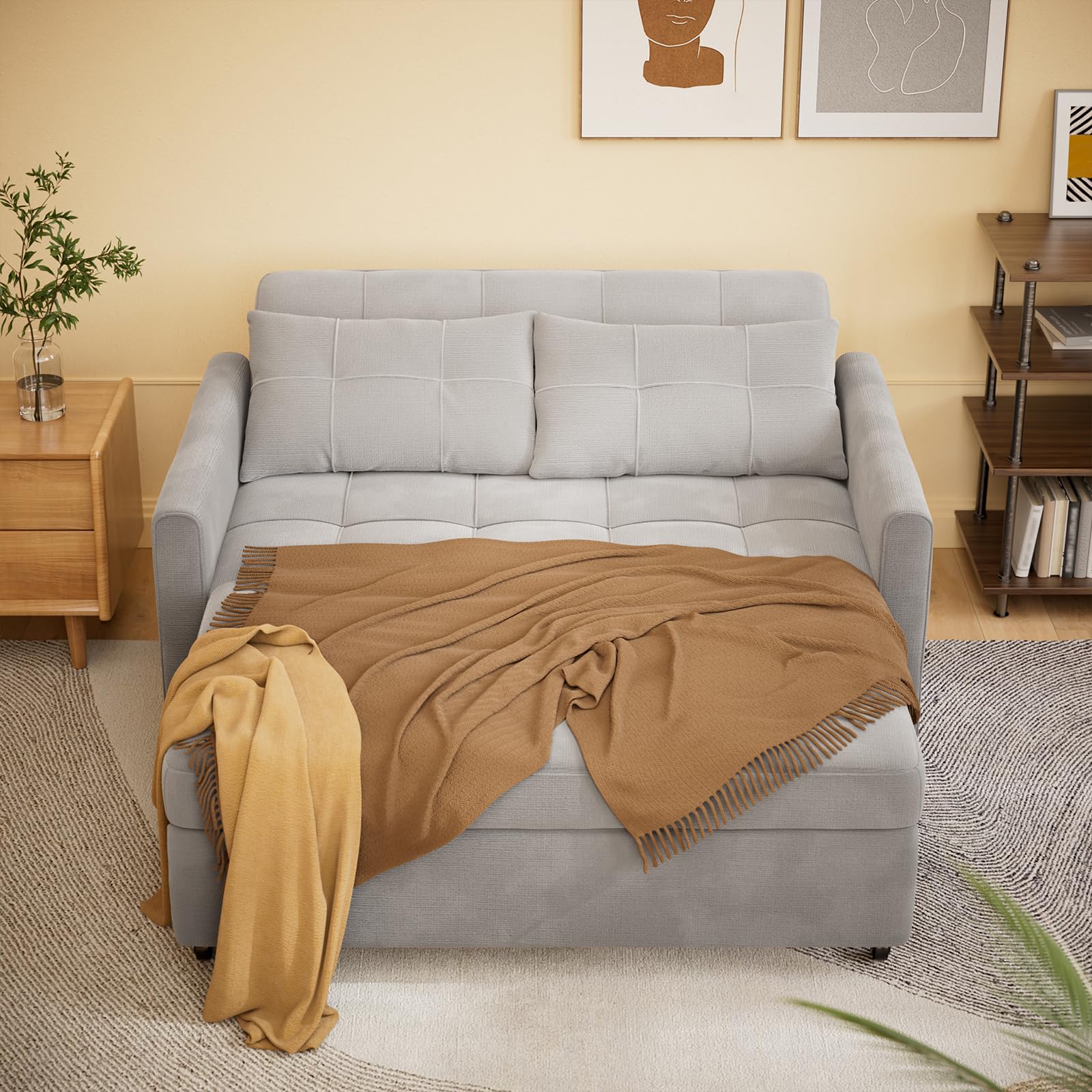 Gizoon 3-in-1 Convertible Sofa Bed - Full Size Pull Out Sleeper Sofa with Reclining Backrest & Side Pockets, Linen Fabric Futon Couch for Small Space Living Room, Apartment, Guest Room (Light Grey) | Modern Multi-Functional Furniture for Home & Office Use