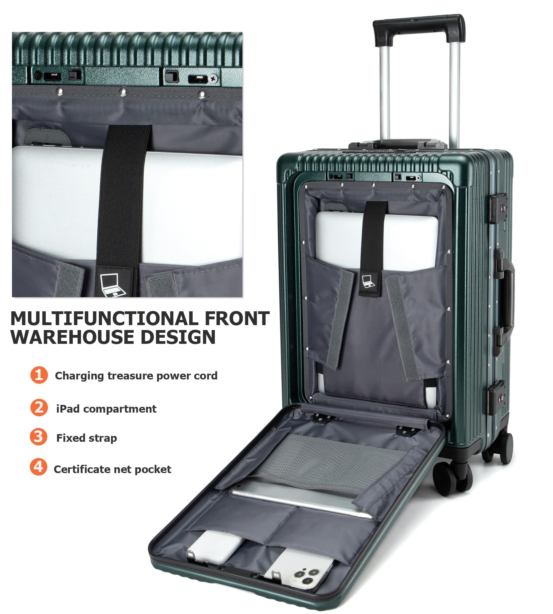 Feilario 20-Inch Aluminum Frame Hardside Spinner Wheel Carry-On Luggage with TSA Lock, USB Charging Port, Cup Holder & Phone Holder - Perfect for Business Travel, Weekend Getaways & Airplane Cabins