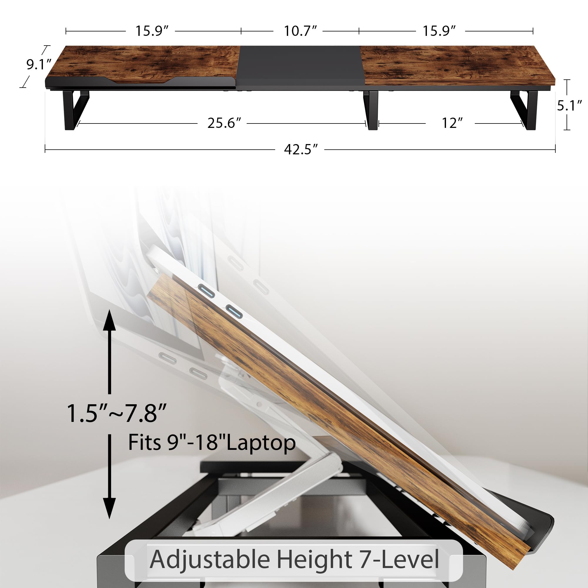 Dual Monitor Stand with Adjustable Laptop Riser - Ergonomic Wooden Desk Stand for 2 Monitors, 7-Angle Adjustable Laptop Holder, Rustic Brown Metal Legs for Home Office Setup