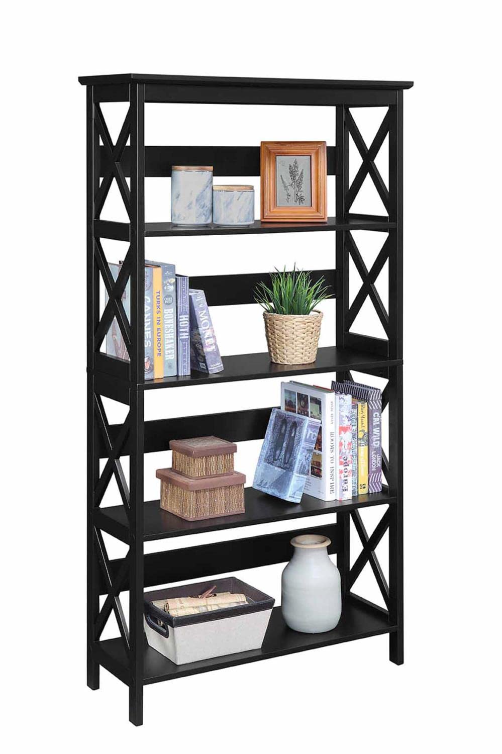 Convenience Concepts Oxford 5-Tier Bookcase in Black - Sturdy Bookshelf for Home Office, Living Room & Bedroom Storage