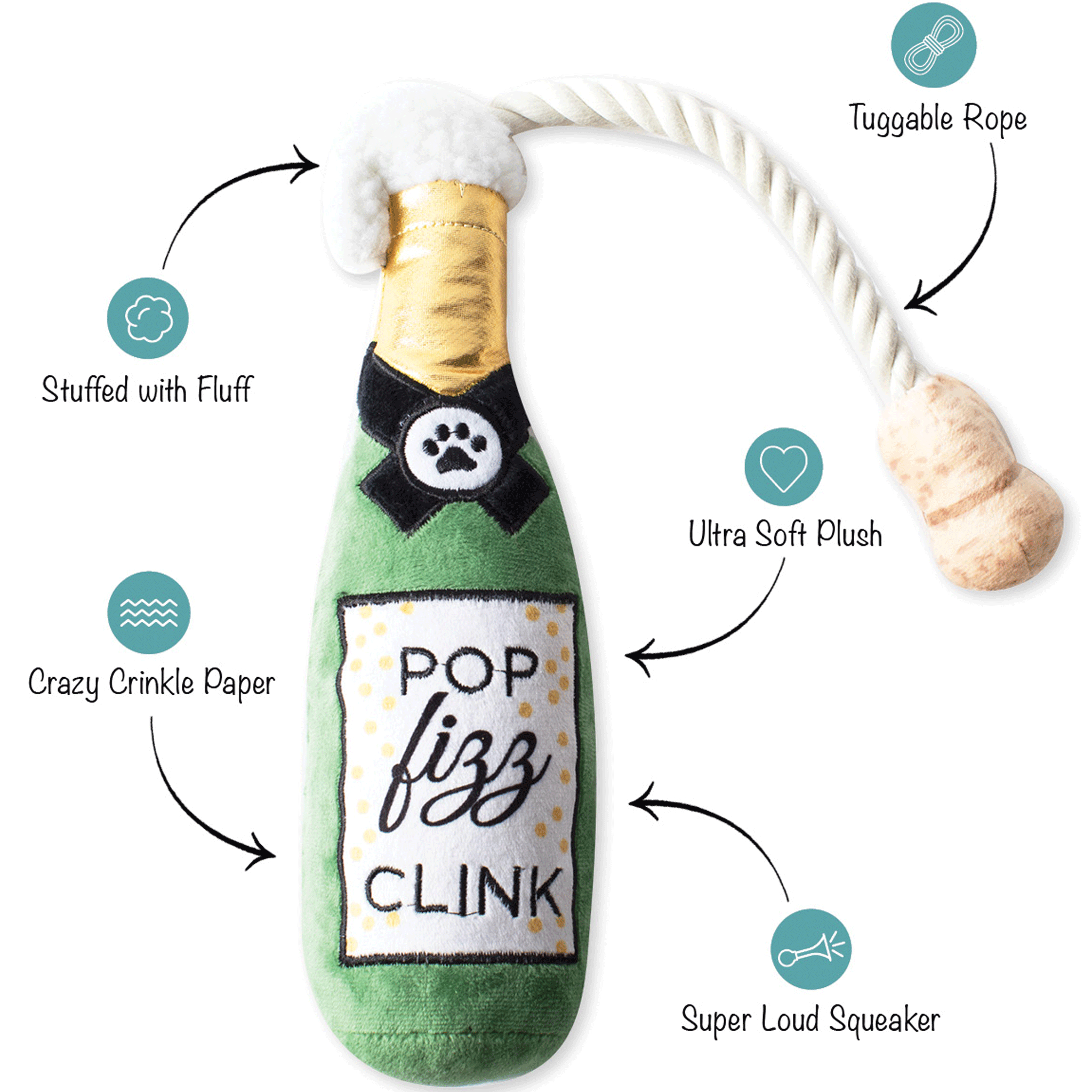 Fringe Pop Fizz Clink Green Dog Toy - Durable Chew Toy for Small & Medium Dogs - Perfect for Playtime & Training