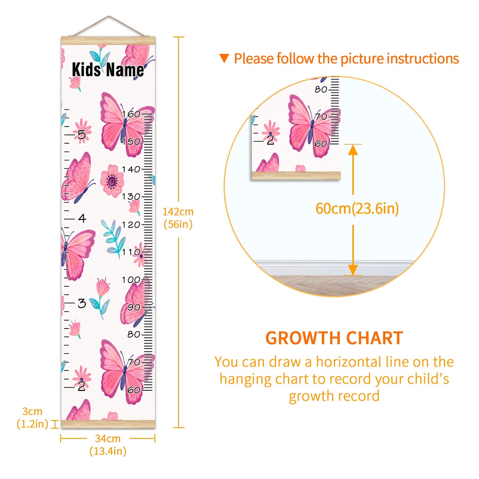 Personalized Kids Name Growth Chart Ruler - Wood Frame Wall Height Measure 13.4x56 Inches - Linen Hanging Growth Tracker with Pink Butterfly & Flower Design - Perfect for Nursery, Bedroom Decor & Baby Shower Gifts