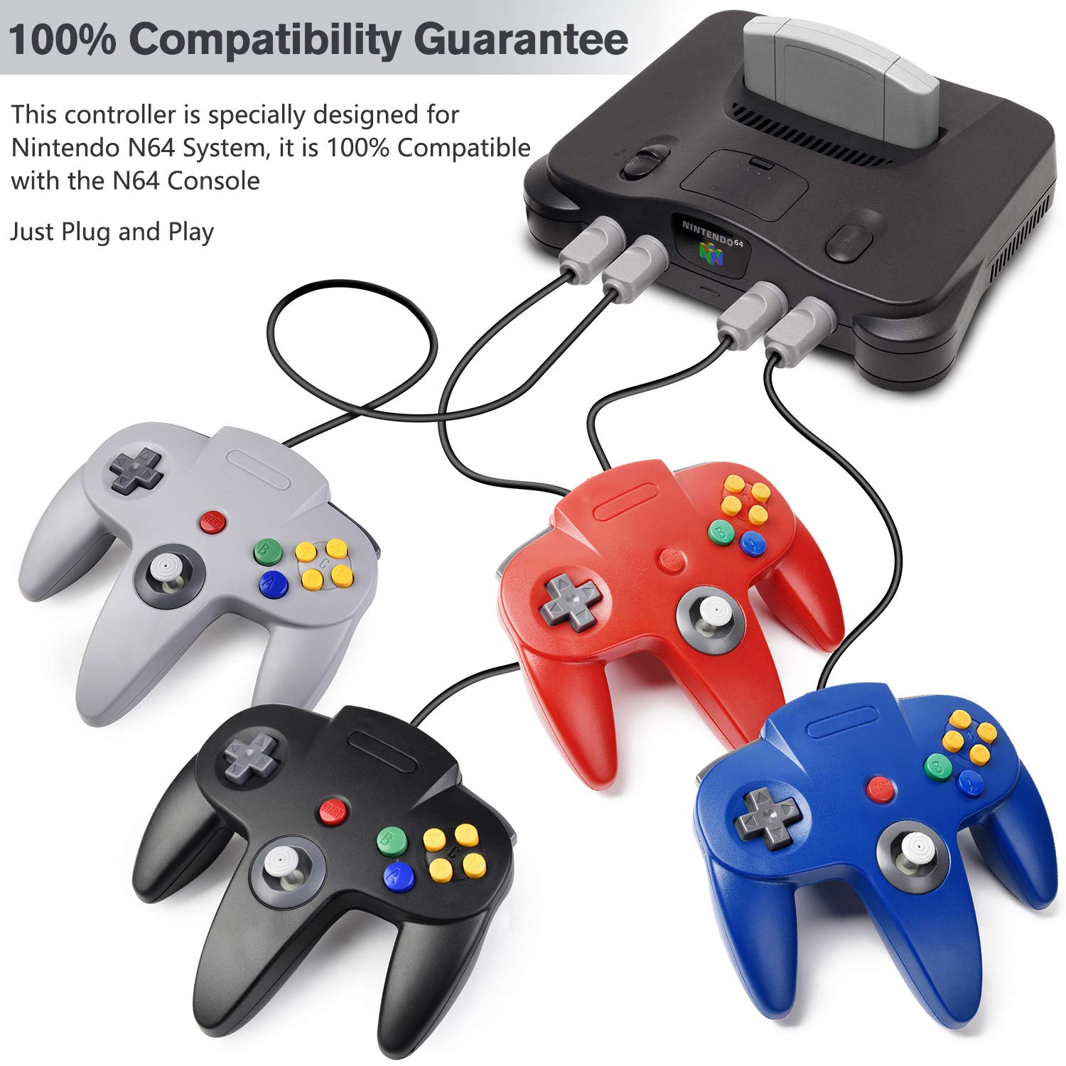 4 Pack Classic N64 Controller - Plug & Play Gamepad Joystick for Nintendo 64 (Non-PC USB Version) - Black/Clear Green/Clear Blue/Clear Orange - Perfect for Retro Gaming & Multiplayer Sessions