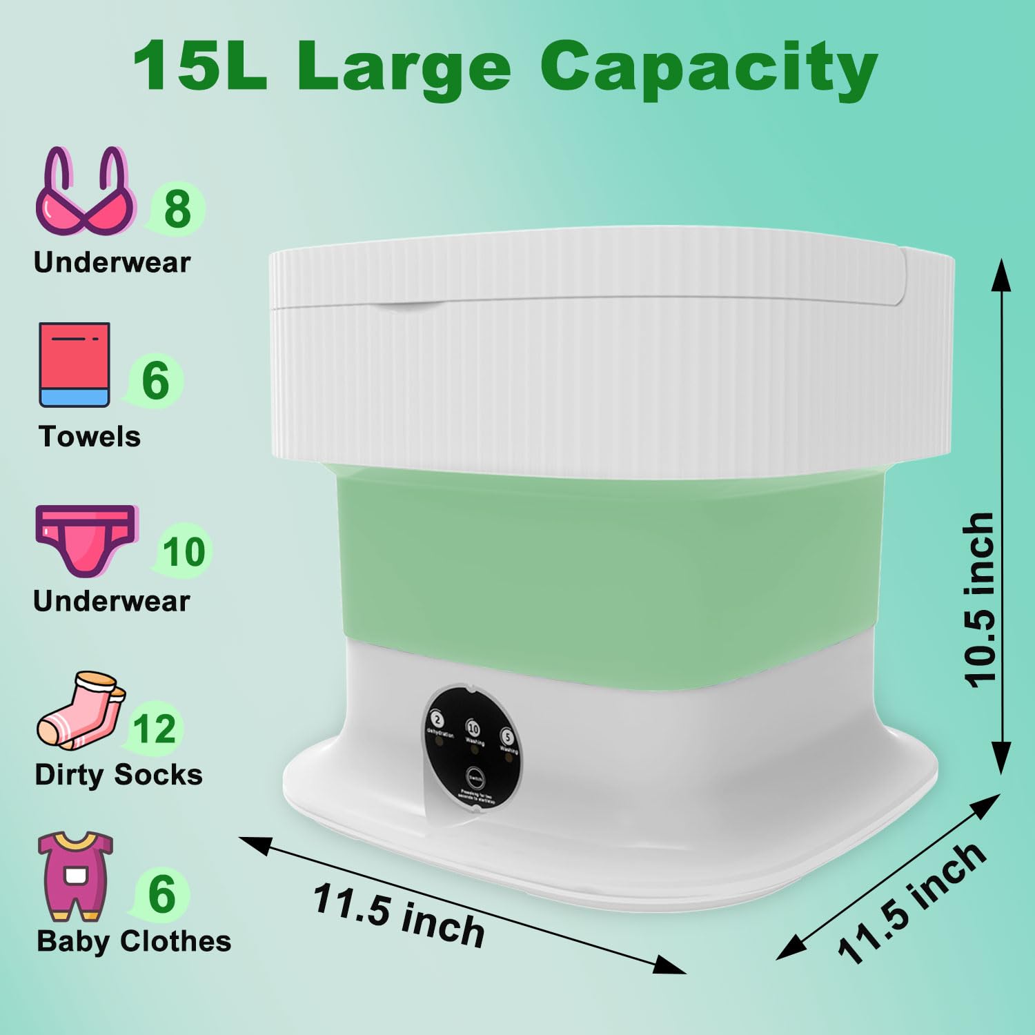 15L Portable Washing Machine with Spin Dryer - Foldable Mini Washer for Travel, Dorm, Apartment & RV - Compact Laundry Solution for Baby Clothes, Underwear & Socks - Perfect Green Space-Saving Washing Machine for Small Spaces & Camping