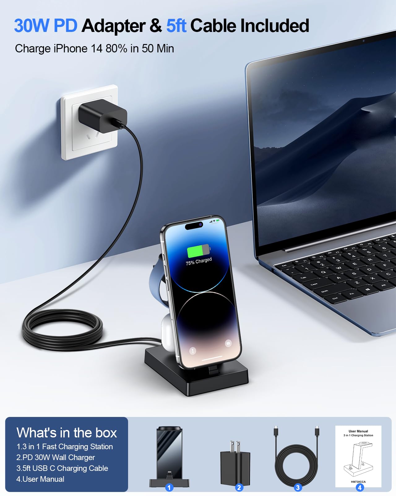 3-in-1 Wireless Charging Station for Apple Watch Series 8/7/6/5/4/SE, iPhone 14/13/12/11/XR/8/7 Plus & AirPods - Fast Charging Dock with Nightstand Mode for Bedroom, Office and Travel