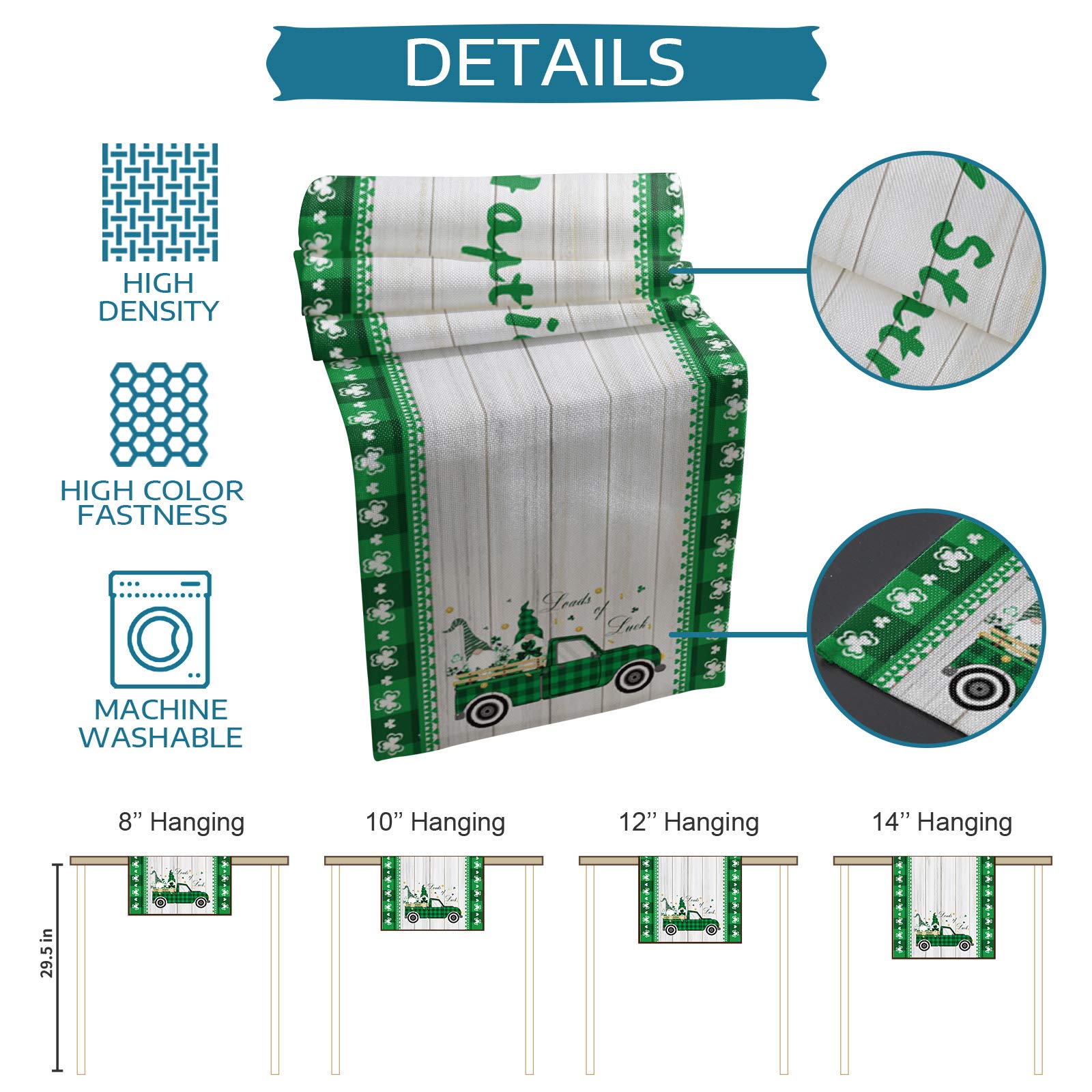 Saint Patrick's Day Table Runner 13x90 Inches - Washable Gnome & Little Truck Design with Clover & Wooden Plank Pattern - Perfect for Round, Kitchen, Coffee, Dining & End Tables - Great for St. Patrick's Day Decorations, Irish-Themed Parties & Home Dining