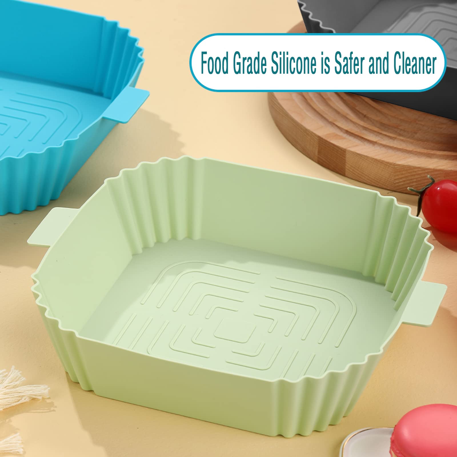 Non-Stick Silicone Air Fryer Liners - 4 Pack 7.6 Inch Square Reusable Baking Mats for 3-6QT Air Fryers | Safe Parchment Paper Alternative | Dishwasher Safe & Easy Clean | Perfect for Roasting Veggies, Cooking Chicken Wings & Reheating Leftovers