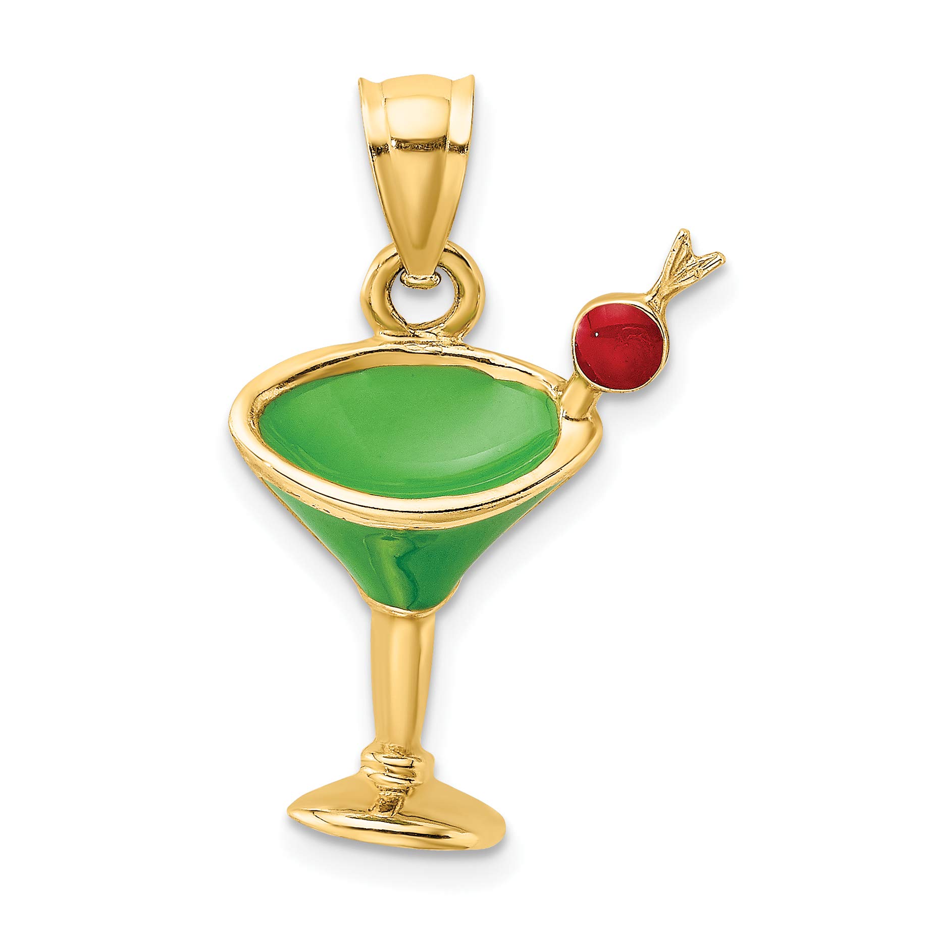 14K Yellow Gold Green Enamel Martini Charm with Cherry - 15.85mm Dainty Cocktail Jewelry for Bracelets & Necklaces - Perfect for Parties, Gifts & Everyday Wear