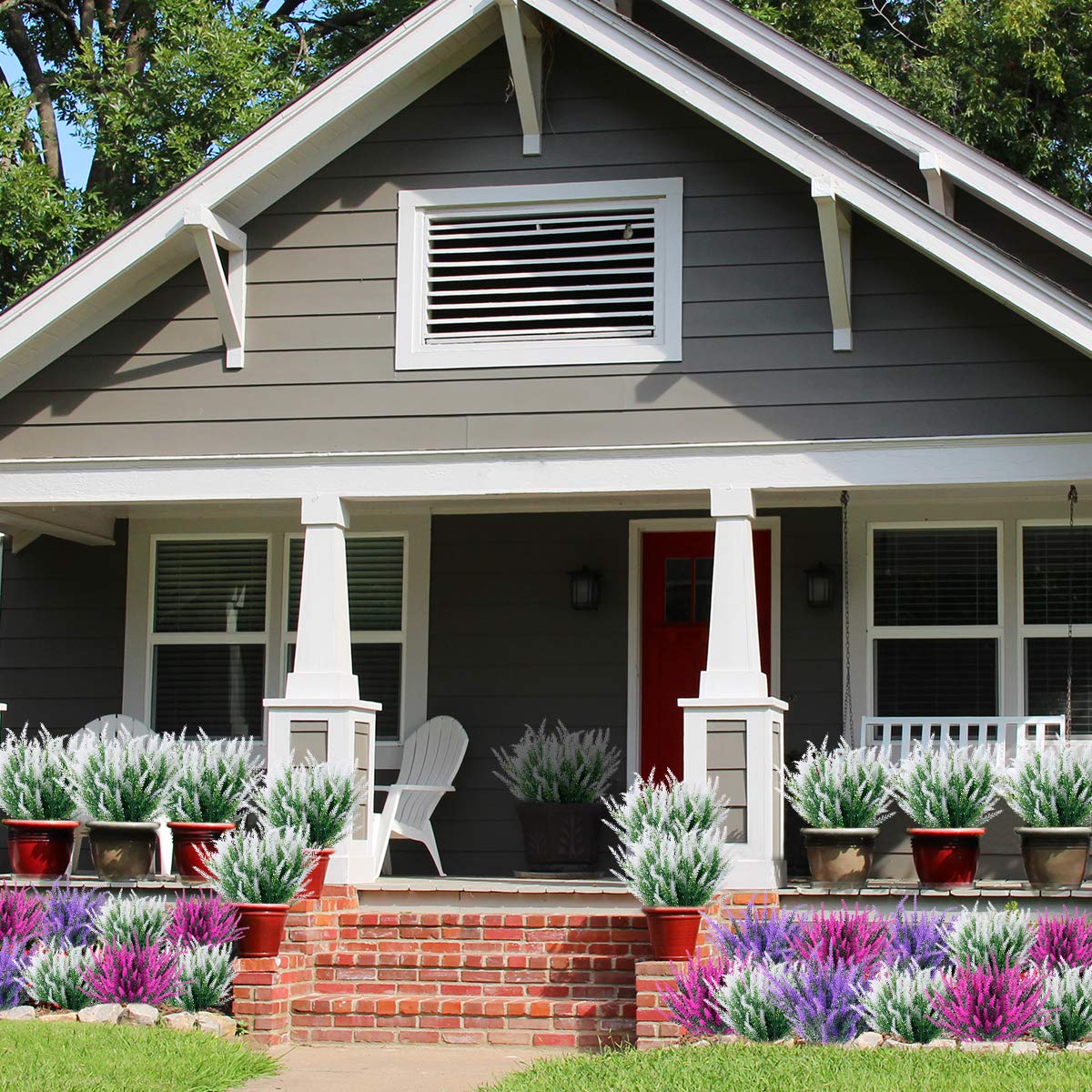 8 Bundles Artificial Lavender Flowers UV Resistant Faux Plastic Plants for Outdoor Garden Porch Window Box Decor - Classic White - Perfect for Home, Wedding, Party & Office Decoration