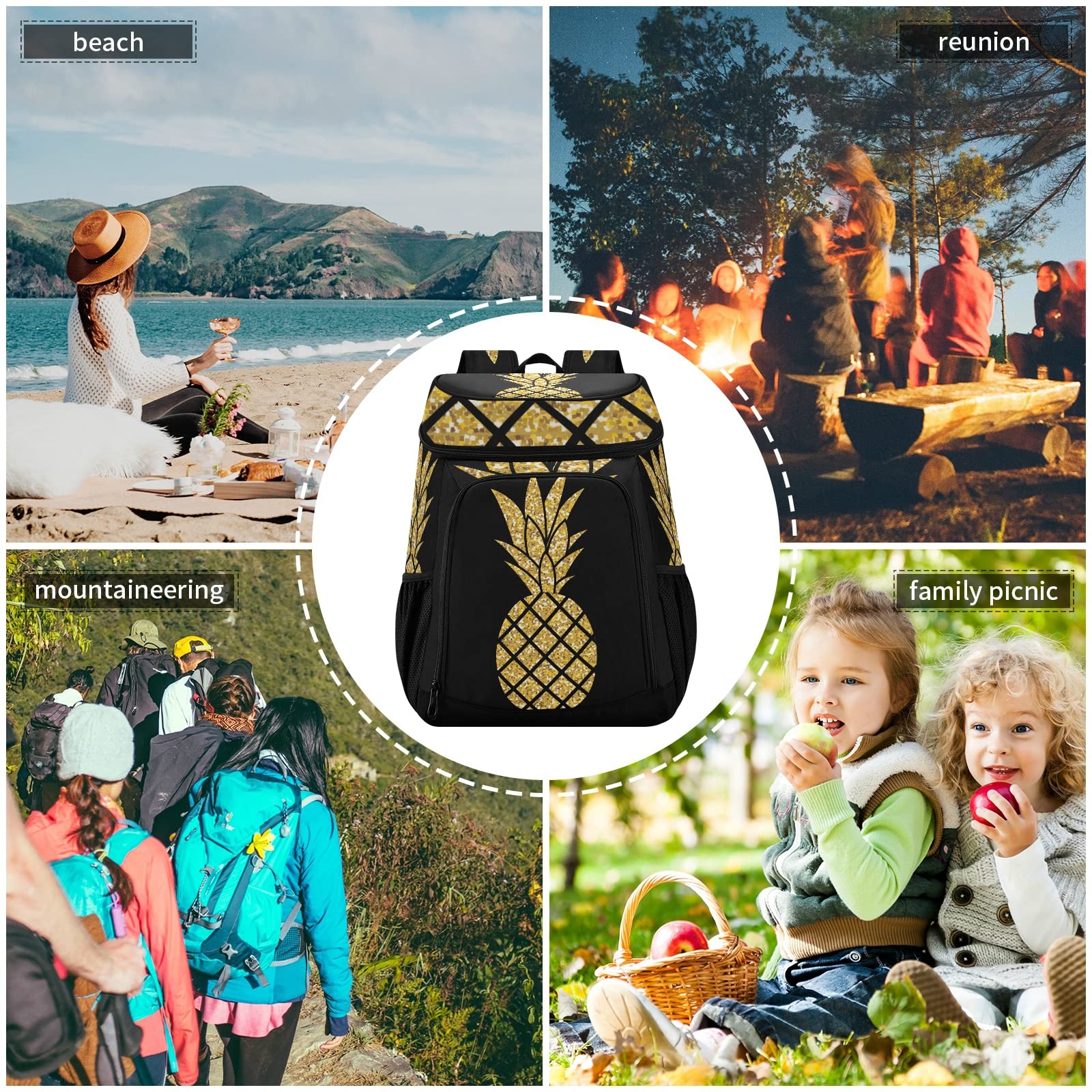 Gold Glitter Pineapple Cooler Backpack - Insulated Leak Proof Lunch Bag for 36 Cans, Portable Cooler for Beach, Picnic, Shopping, Camping, Hiking & Day Trips - Perfect for Outdoor Adventures & Family Gatherings