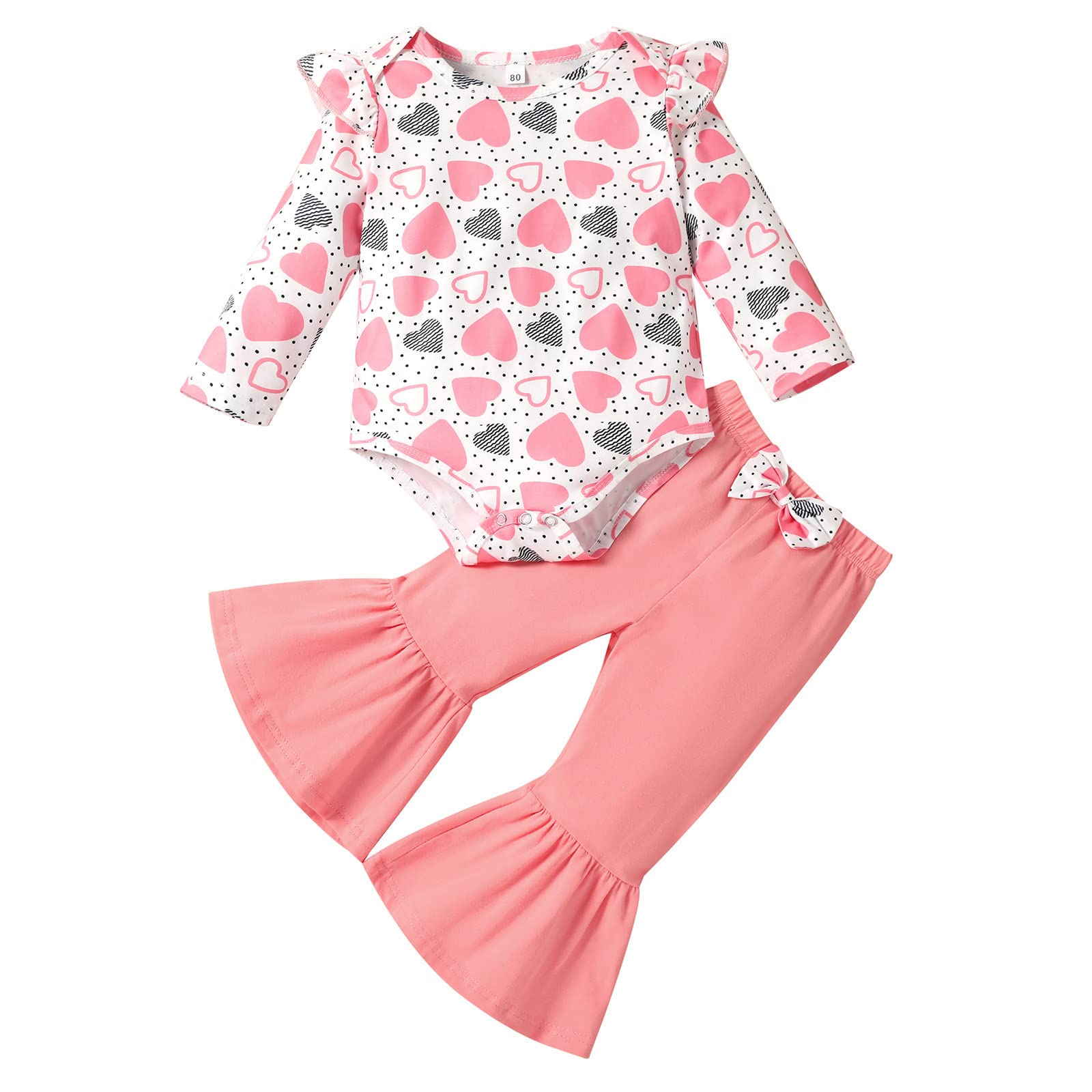 Baby Girls Romper Pant Suit - Valentine's Day Heart Printed Bodysuit | Soft & Cute Flared Outfit for Infants | Perfect for Holidays, Photoshoots & Special Occasions