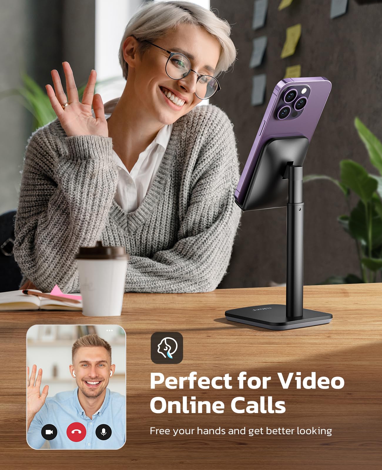 Nulaxy Adjustable Phone Stand for Desk - Height & Angle Adjustable Cell Phone Holder Compatible with iPhone 16/15/14/13/12/Mini/11 Pro/XS Max/XR/X/8/7/6/6s Plus & All 4-8 Inch Smartphones (Black) - Perfect for Work, Video Calls, Watching Movies & Hands-Free Viewing
