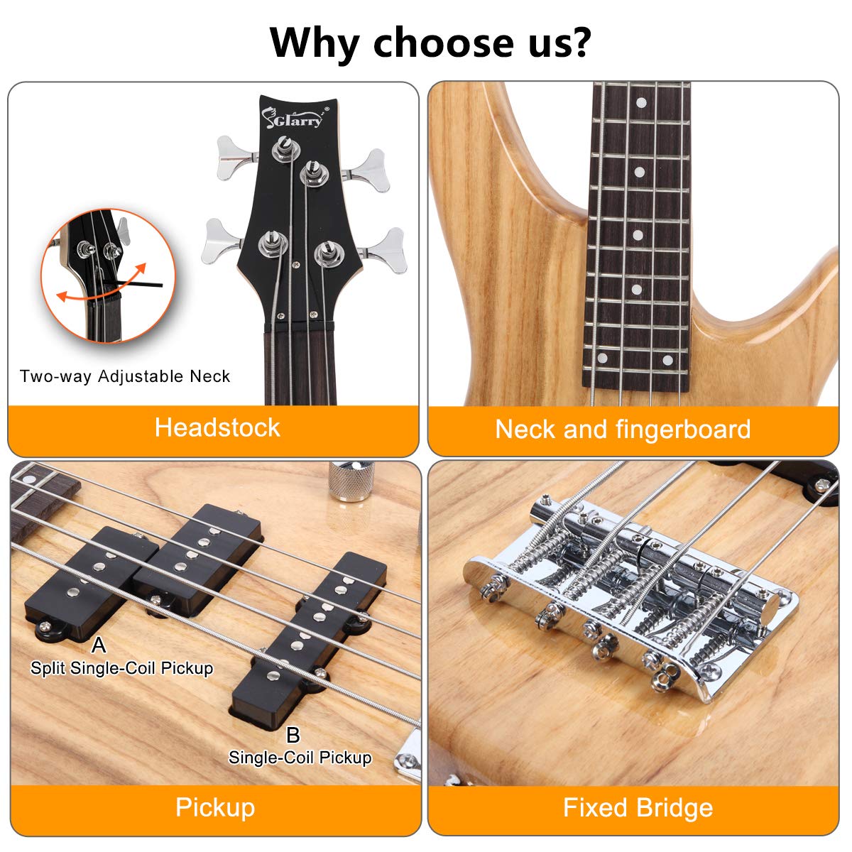 GLARRY GIB Series 4-String Electric Bass Guitar Full Size Beginner Kit with 20W Amp, Strap, Gig Bag & Accessories - Burlywood Finish | Perfect for Beginners, Practice, Live Performances & Studio Recording