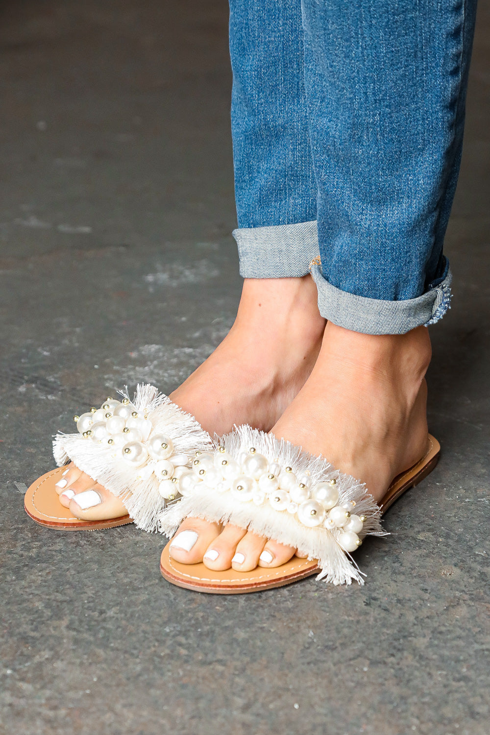 Ivory Linen Slide Sandals with Beaded Faux Pearl Accents - Elegant Summer Beach Wedding Shoes for Women
