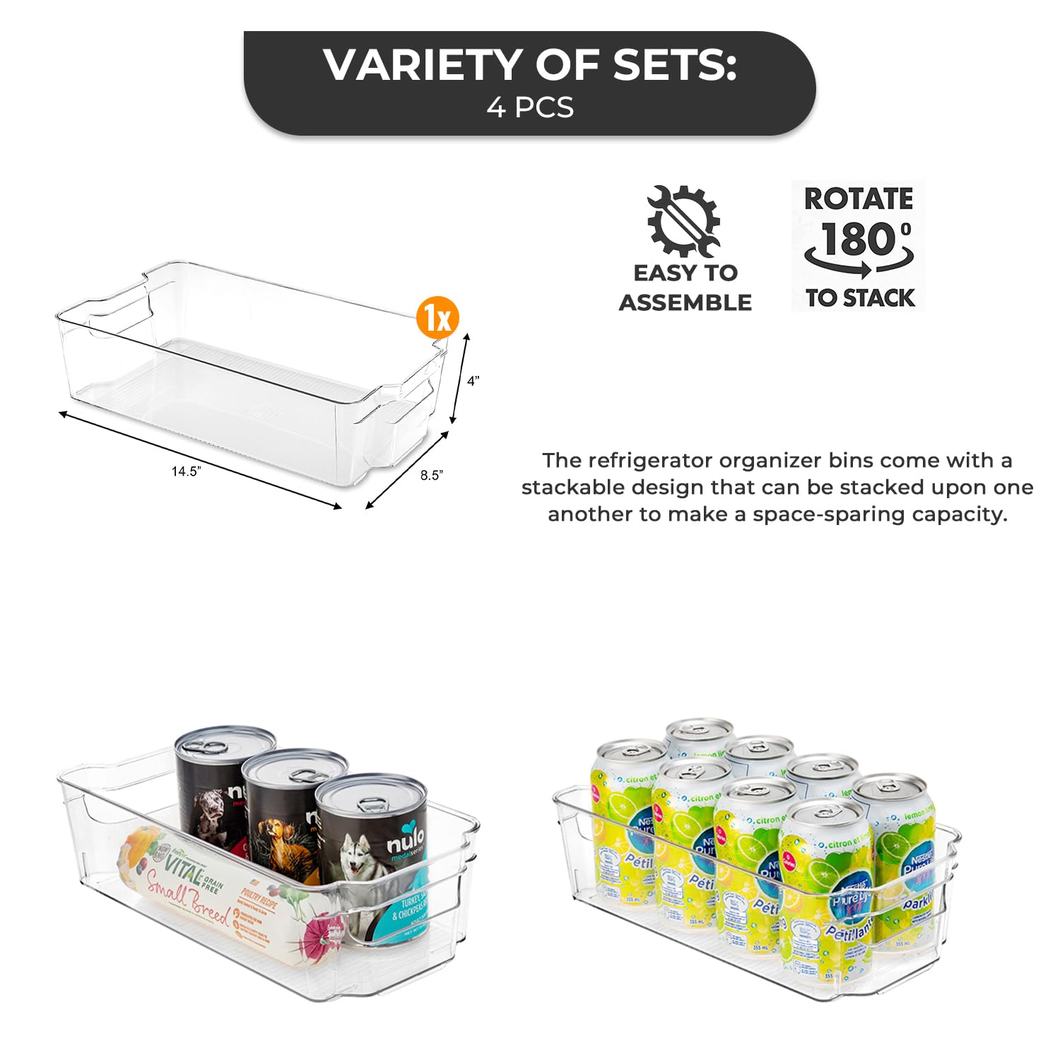 JINAMART Clear Plastic Pantry Organizer Set of 4 - Stackable Fridge Storage Containers for Vegetables, Fruits & Leftovers - Refrigerator Organizer Bins for Kitchen Cabinet & Countertop Storage