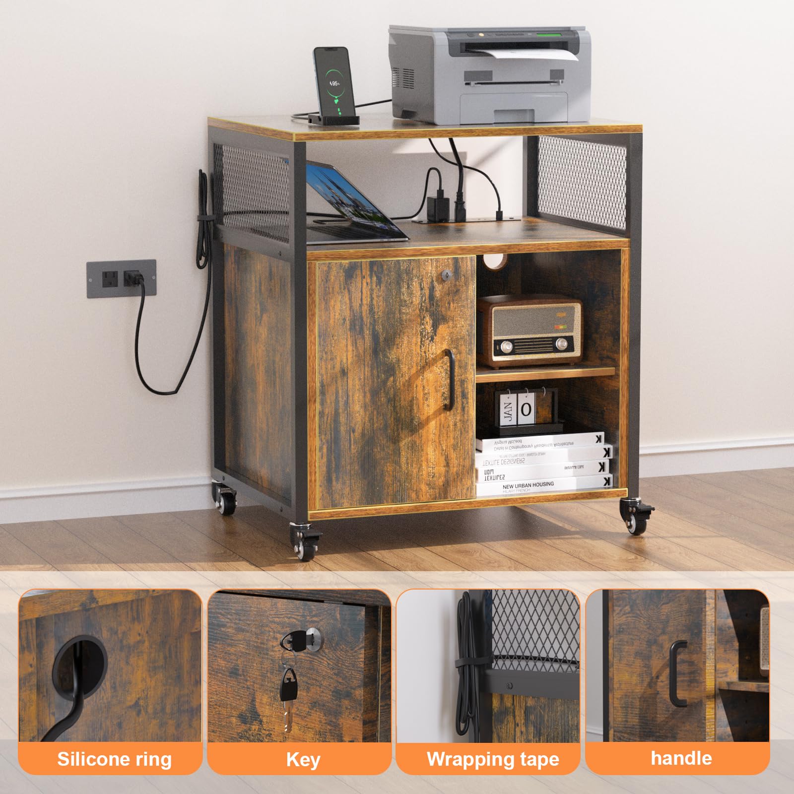 Locking Braking Wheels File Cabinet with Charging Station & Storage - Heavy Duty Mobile Filing Cabinet for Office & Home, A4 Letter Size Document Organizer - Perfect for Workspaces, Home Offices & Printer Stand Storage Solutions