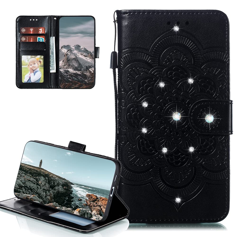 OOPKINS PU Leather Mandala Embossed Diamond Flip Wallet Case for iPhone 13 Mini - Magnetic Stand Cover with Card Slots (Black) | Perfect for Work, Travel & Everyday Protection