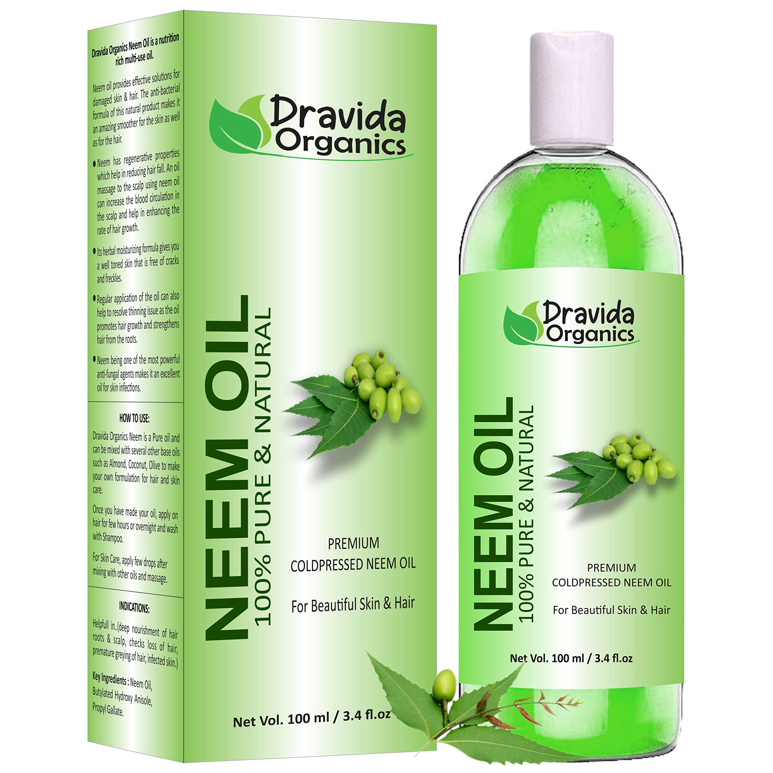 Pure Natural Dravida Organics Neem Carrier Oil 100ml - Cold Pressed for Skin Care, Hair Growth & Scalp Treatment - Perfect for DIY Beauty, Aromatherapy & Natural Remedies