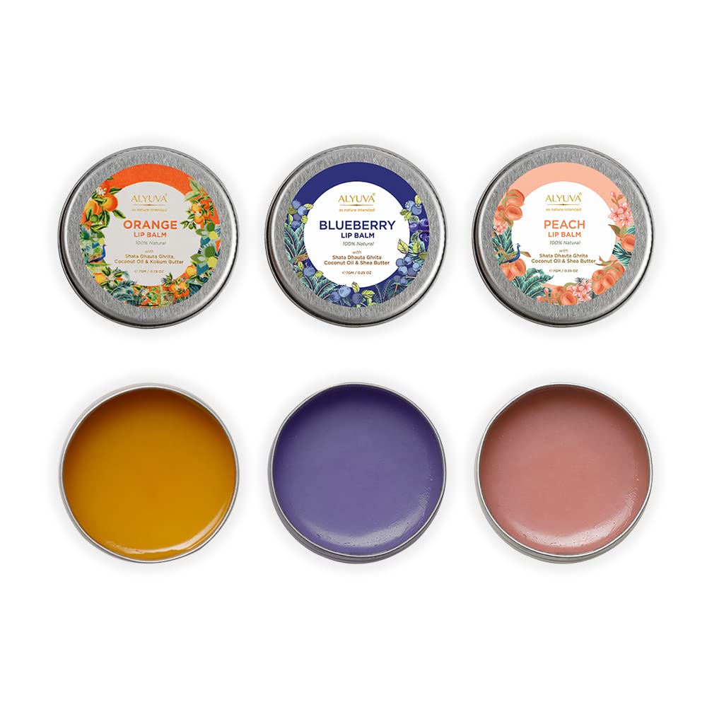 **Alyuva Combo Pack of 100% Natural Ghee-Enriched Lip Balms – Orange, Blueberry & Peach Flavors (7g Each) | Moisturizing & Nourishing for Dry Lips | Perfect for Daily Use, Travel & Gifts**