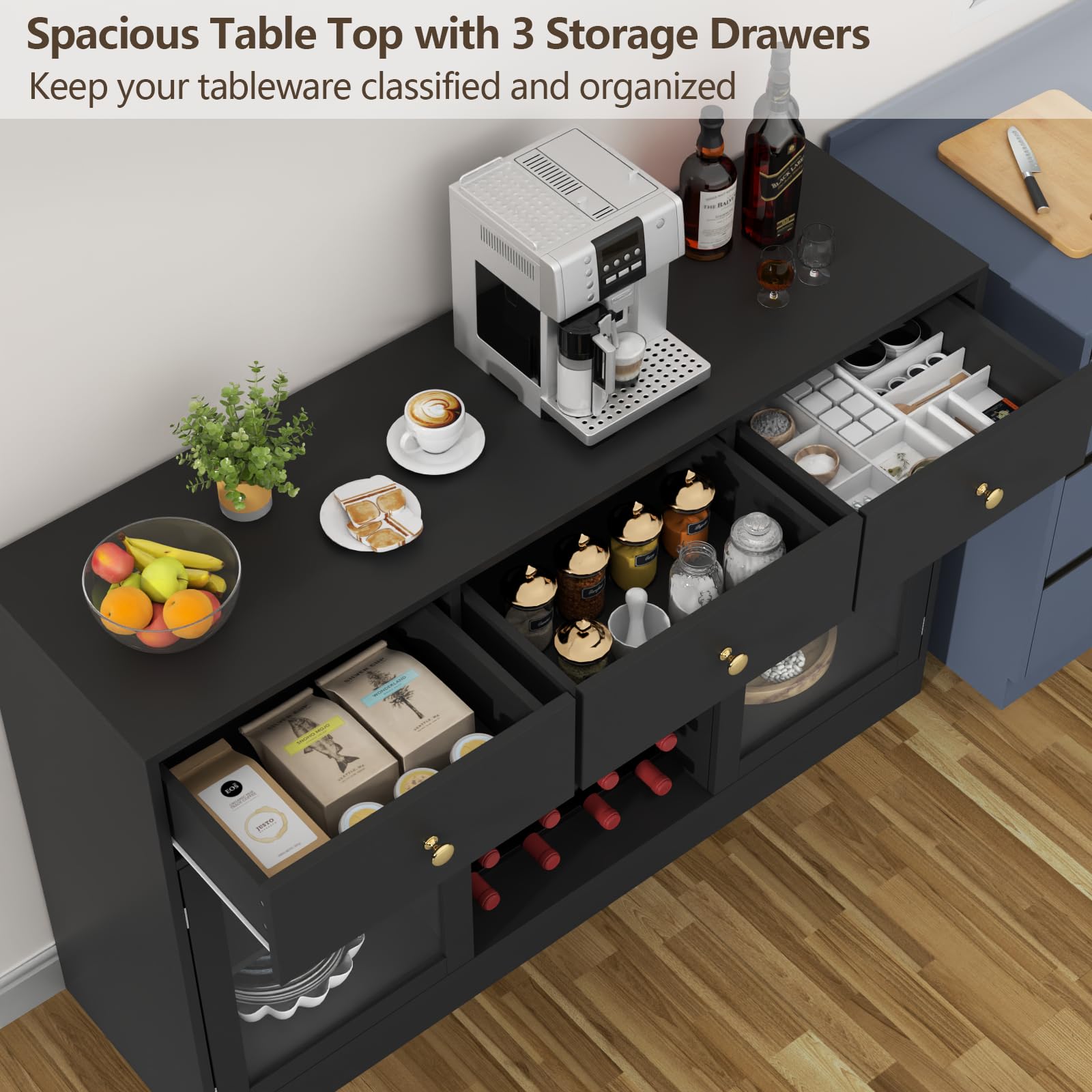 Modern LED Wine Bar Cabinet with Glass Rack & Storage Drawers - Kitchen Buffet Sideboard for Living Room, Dining Room | Perfect for Home Entertaining, Coffee Station & Liquor Display (Black)